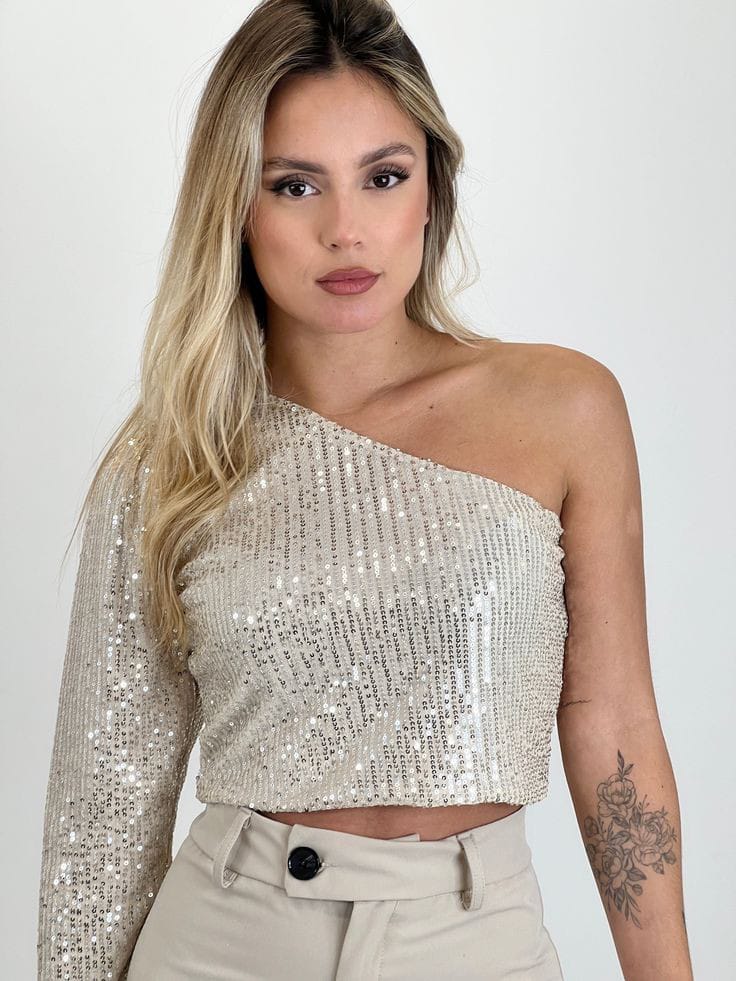Sequined One-Shoulder Crop Top