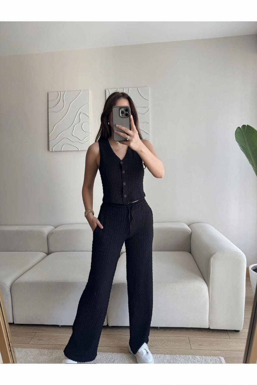 Black Textured Waistcoat & Trouser Set