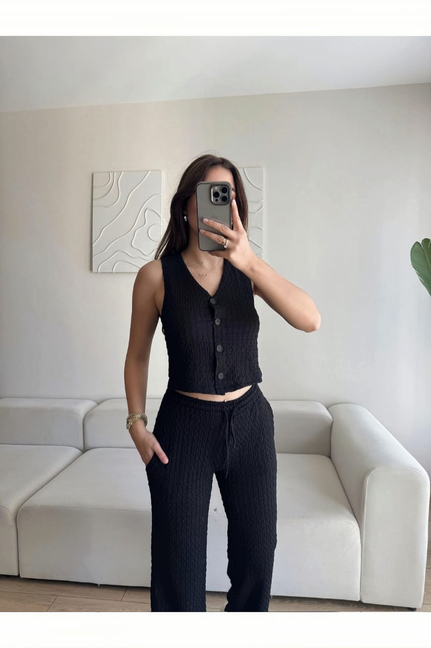 Black Textured Waistcoat & Trouser Set