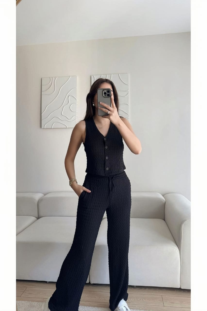 Black Textured Waistcoat & Trouser Set
