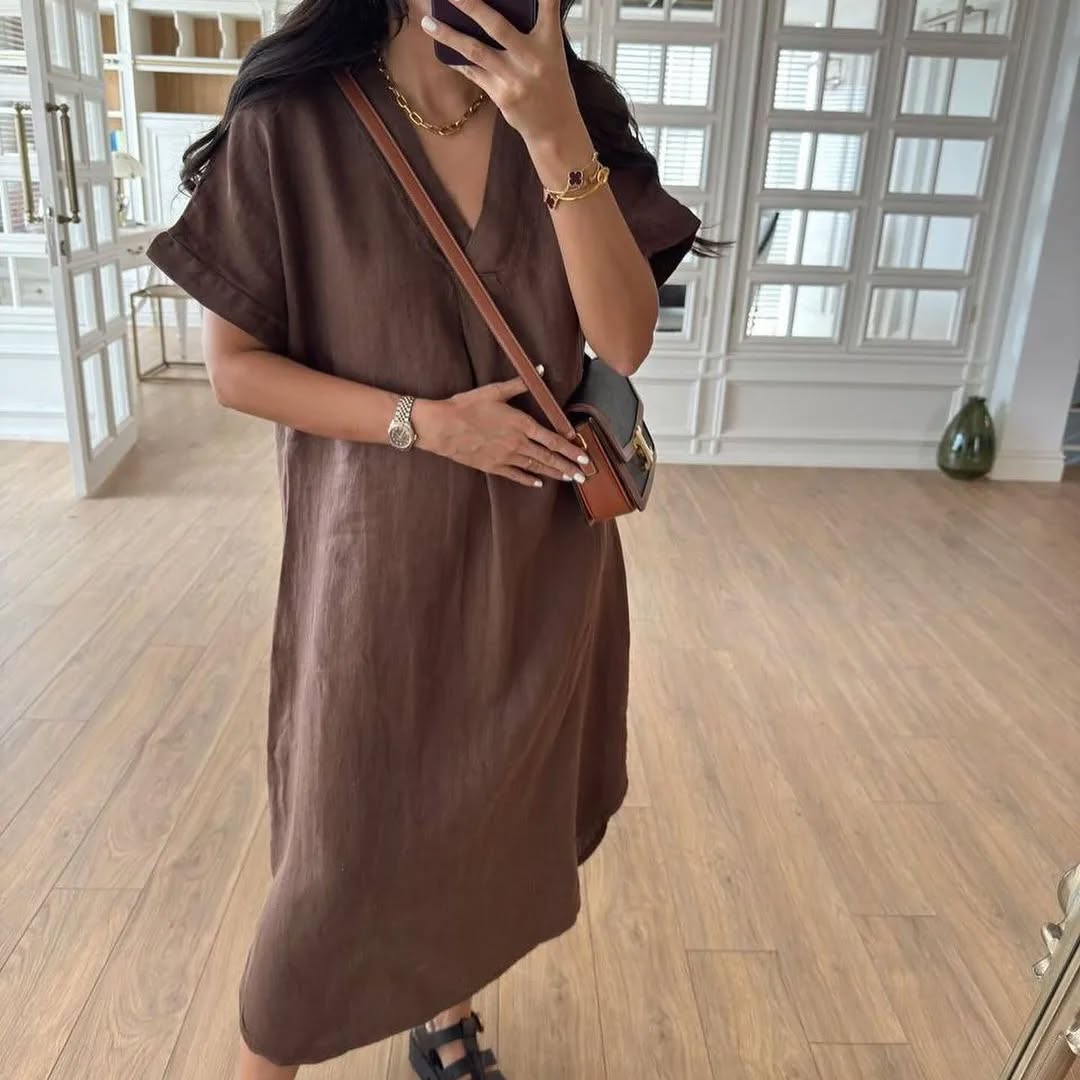 Brown Linen Midi Dress