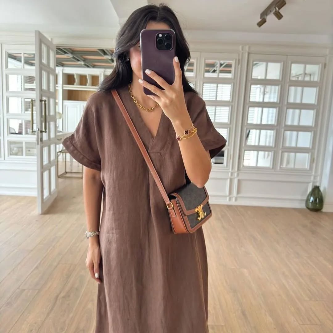 Brown Linen Midi Dress