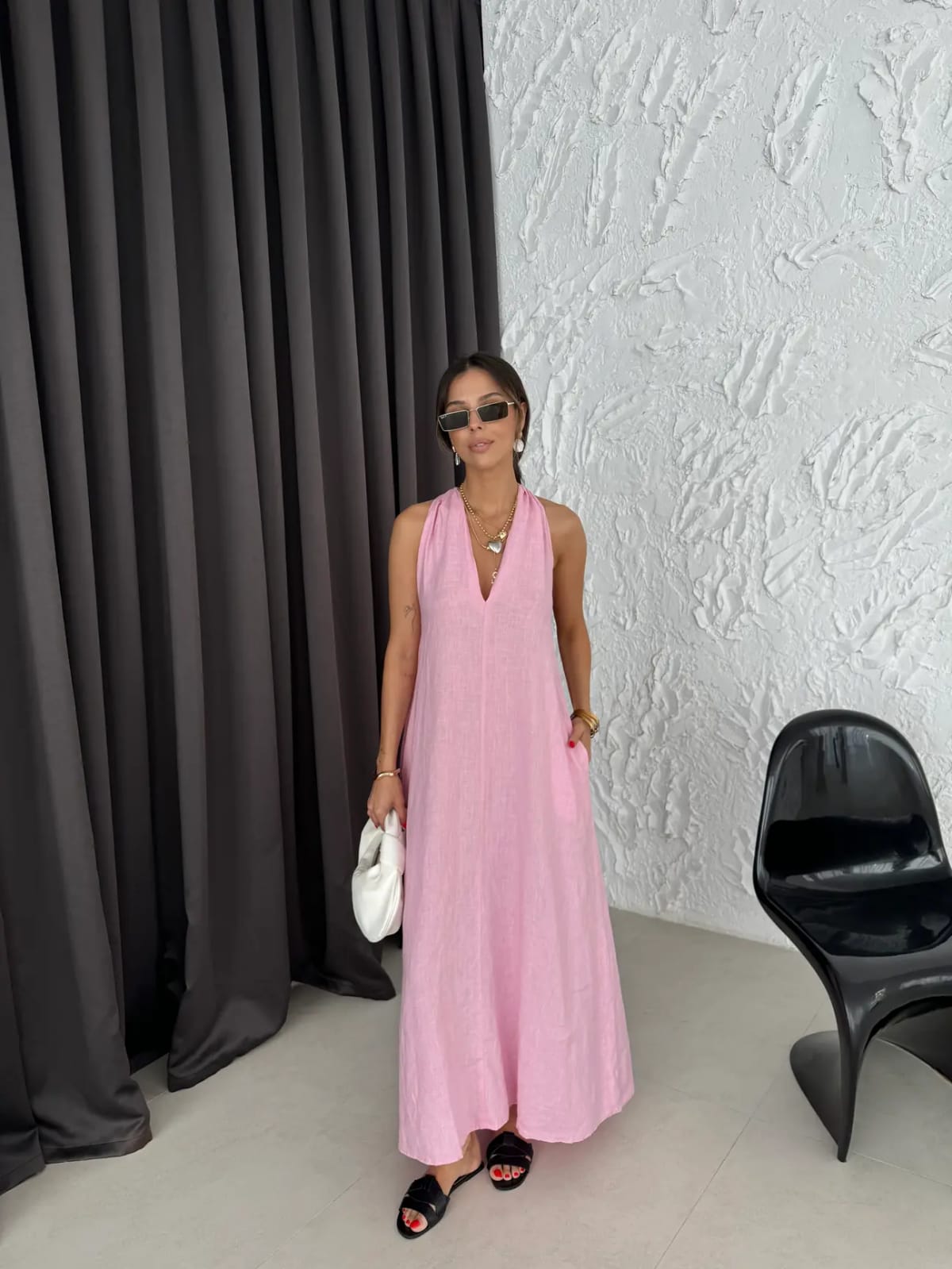 Pink Back Detailed V Neck Premium Linen Dress