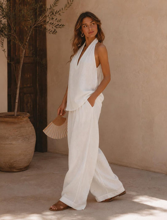 Luna Halter Linen Set – White