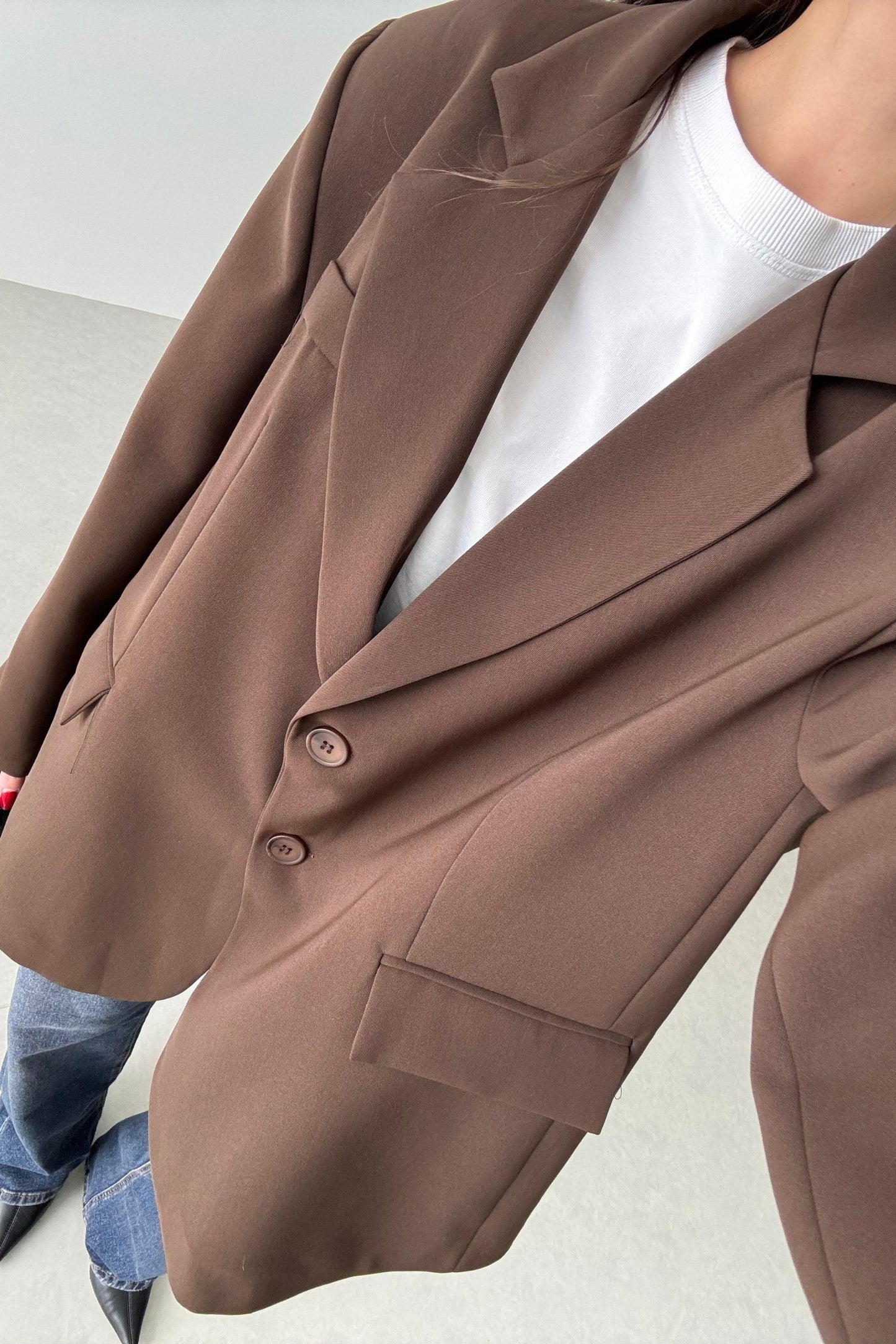 Brown Oversized Textured Basic Blazer