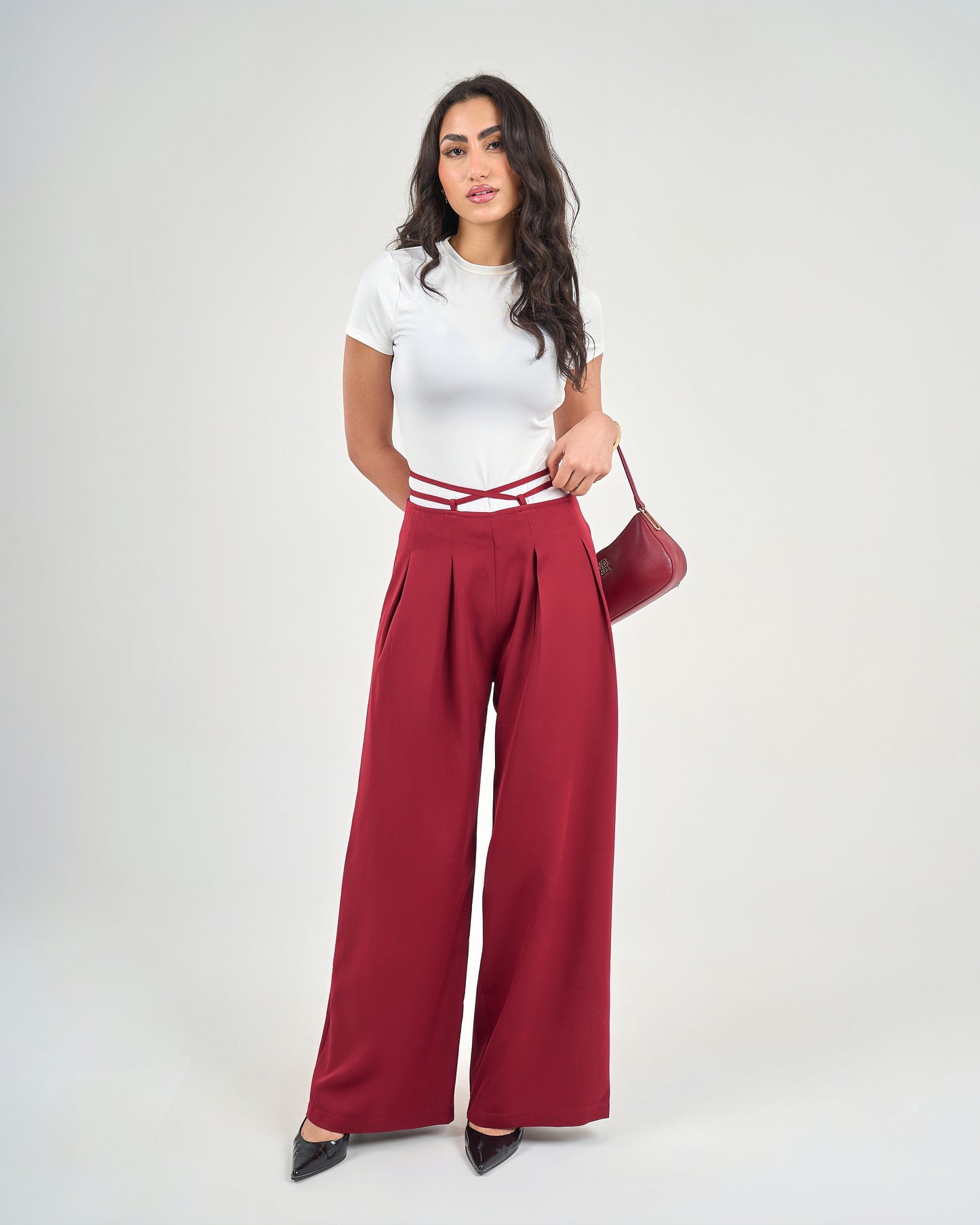 Burgundy Belt & Pleats Pants