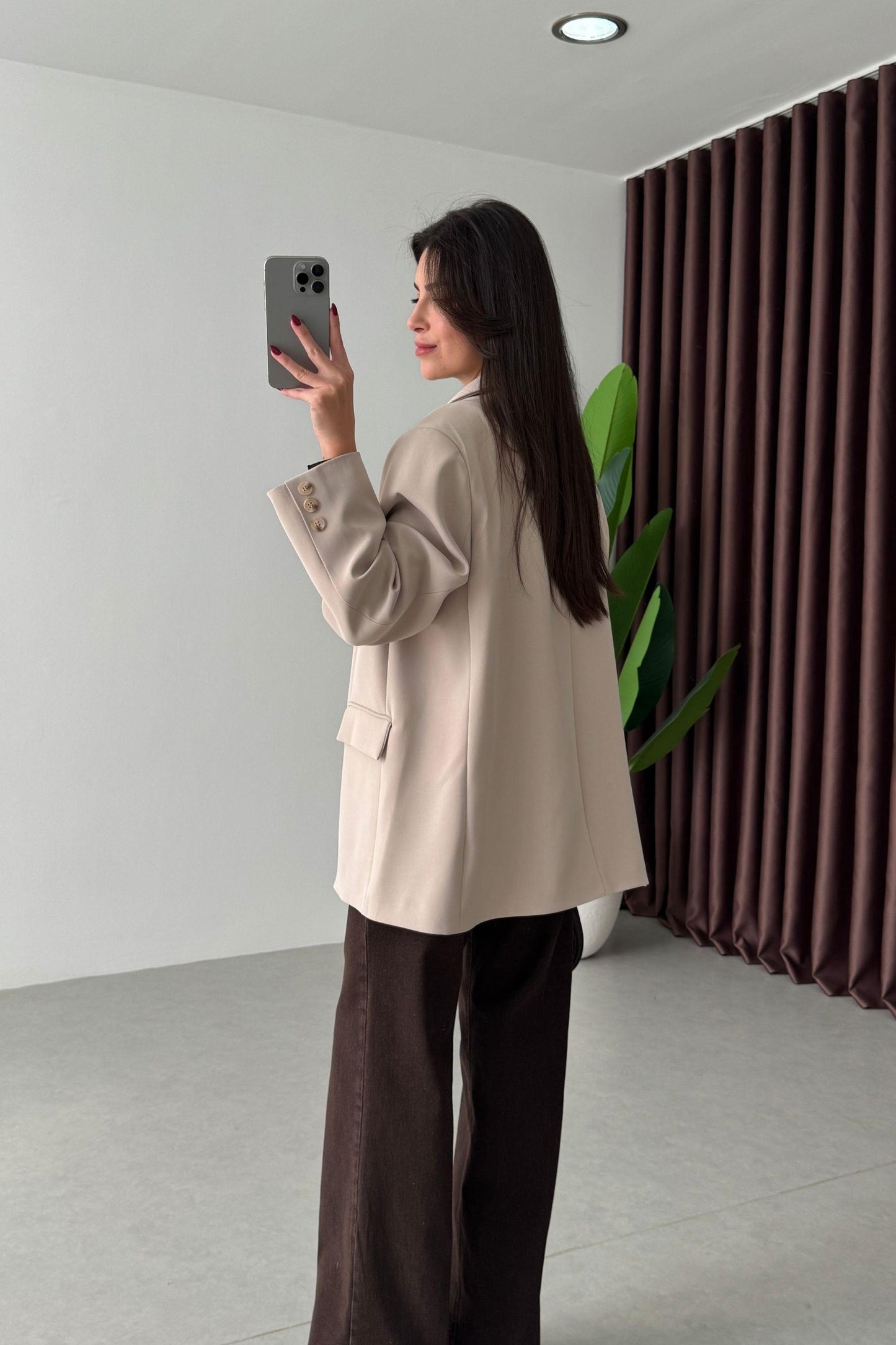 Beige Oversized Textured Basic Blazer