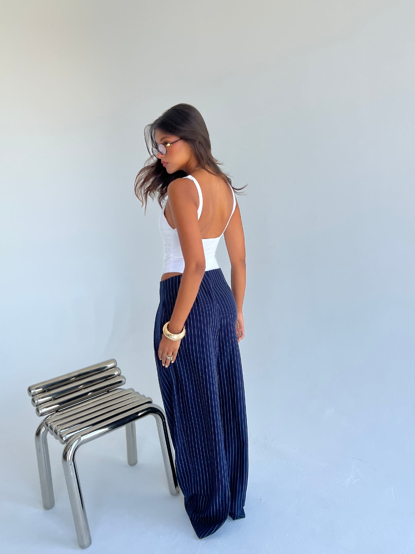 The Riviera Pinstripe Wide-Leg Pants – Navy