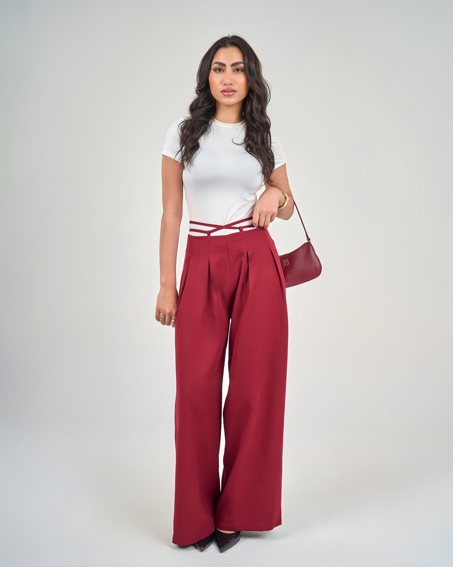 Burgundy Belt & Pleats Pants