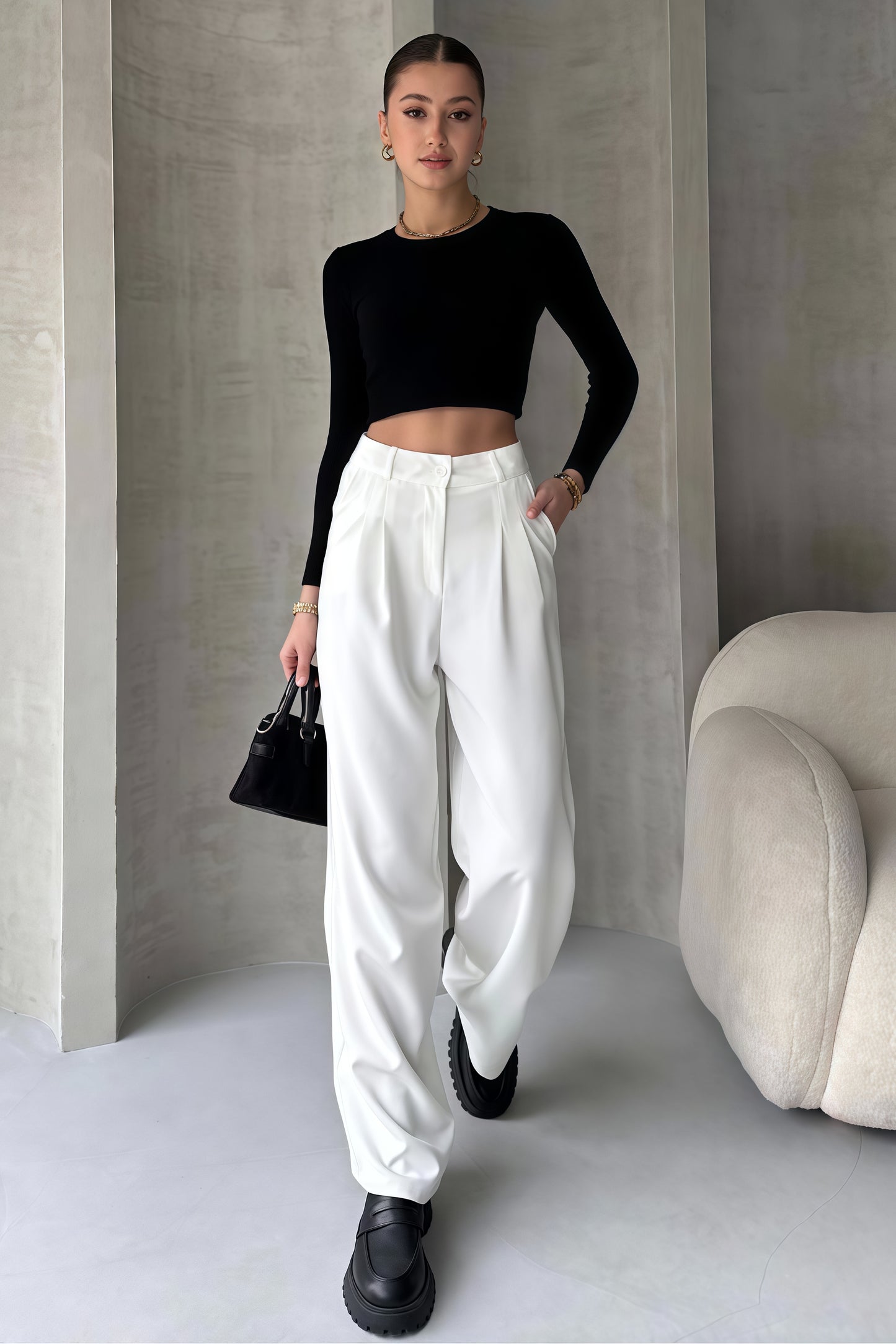 White-High Waisted Wide Leg Pants