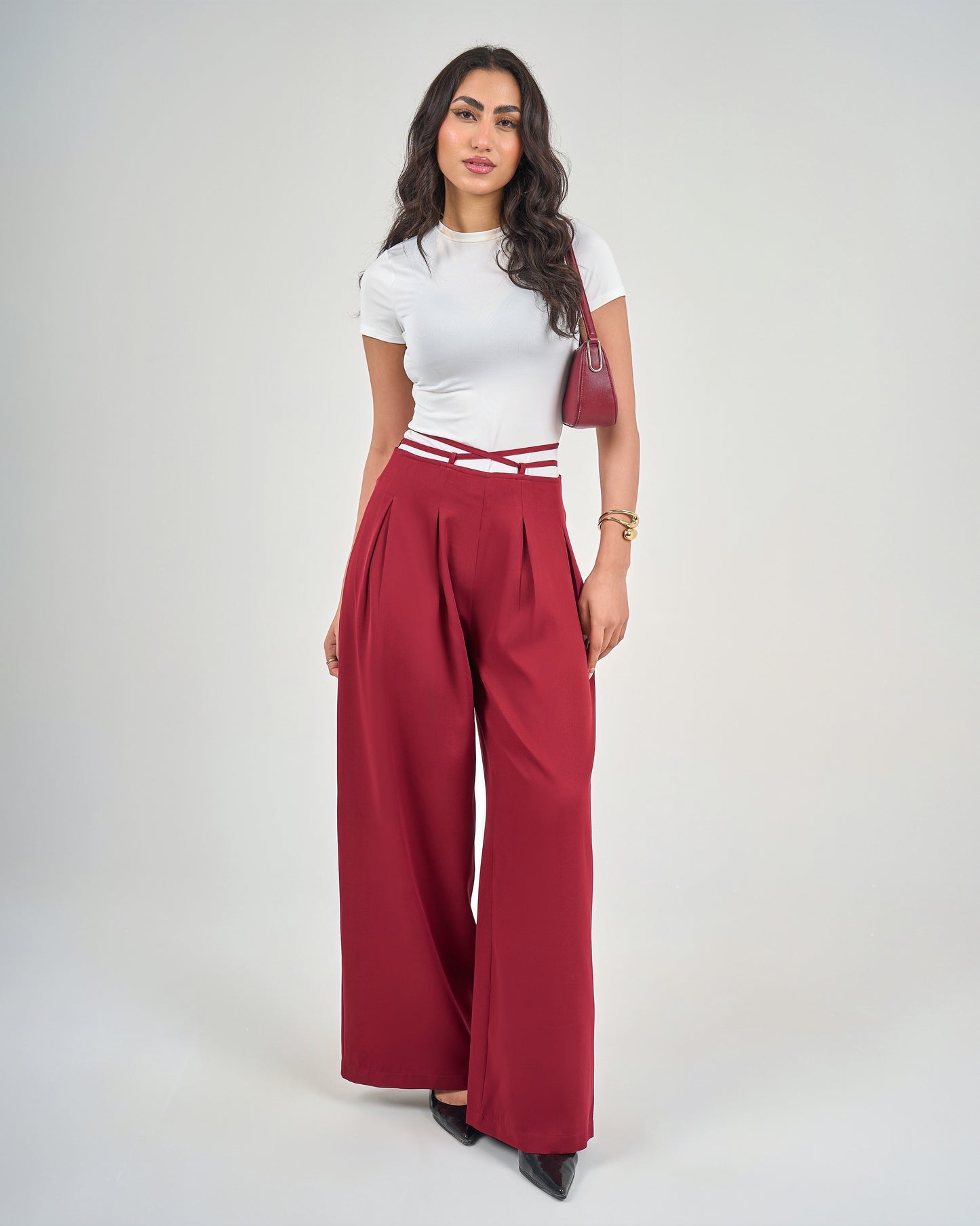 Burgundy Belt & Pleats Pants