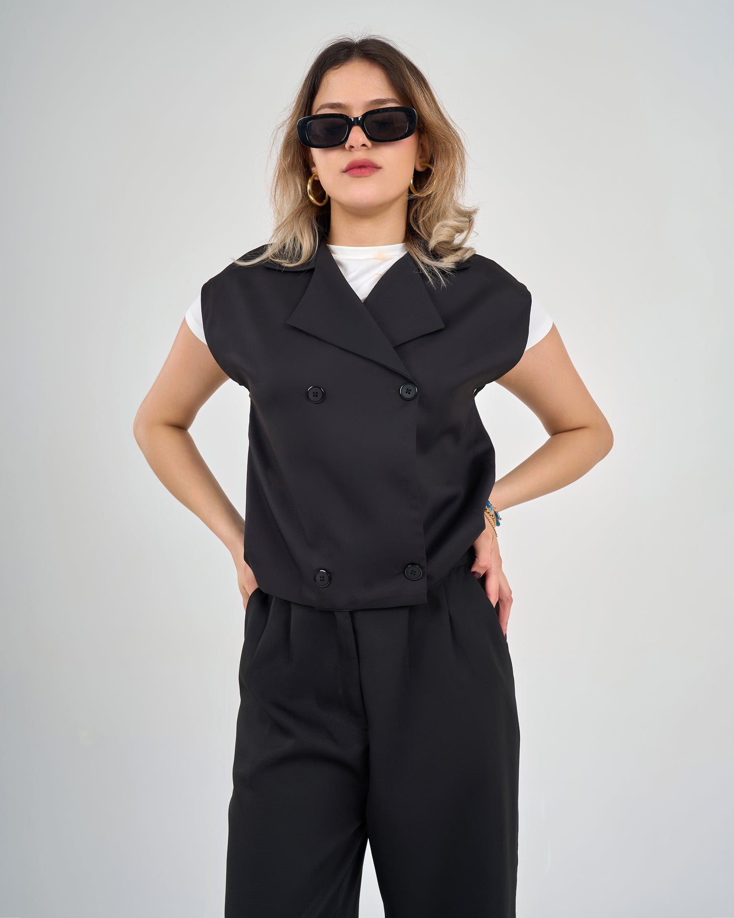 Wide Leg Trousers Vest Set Black
