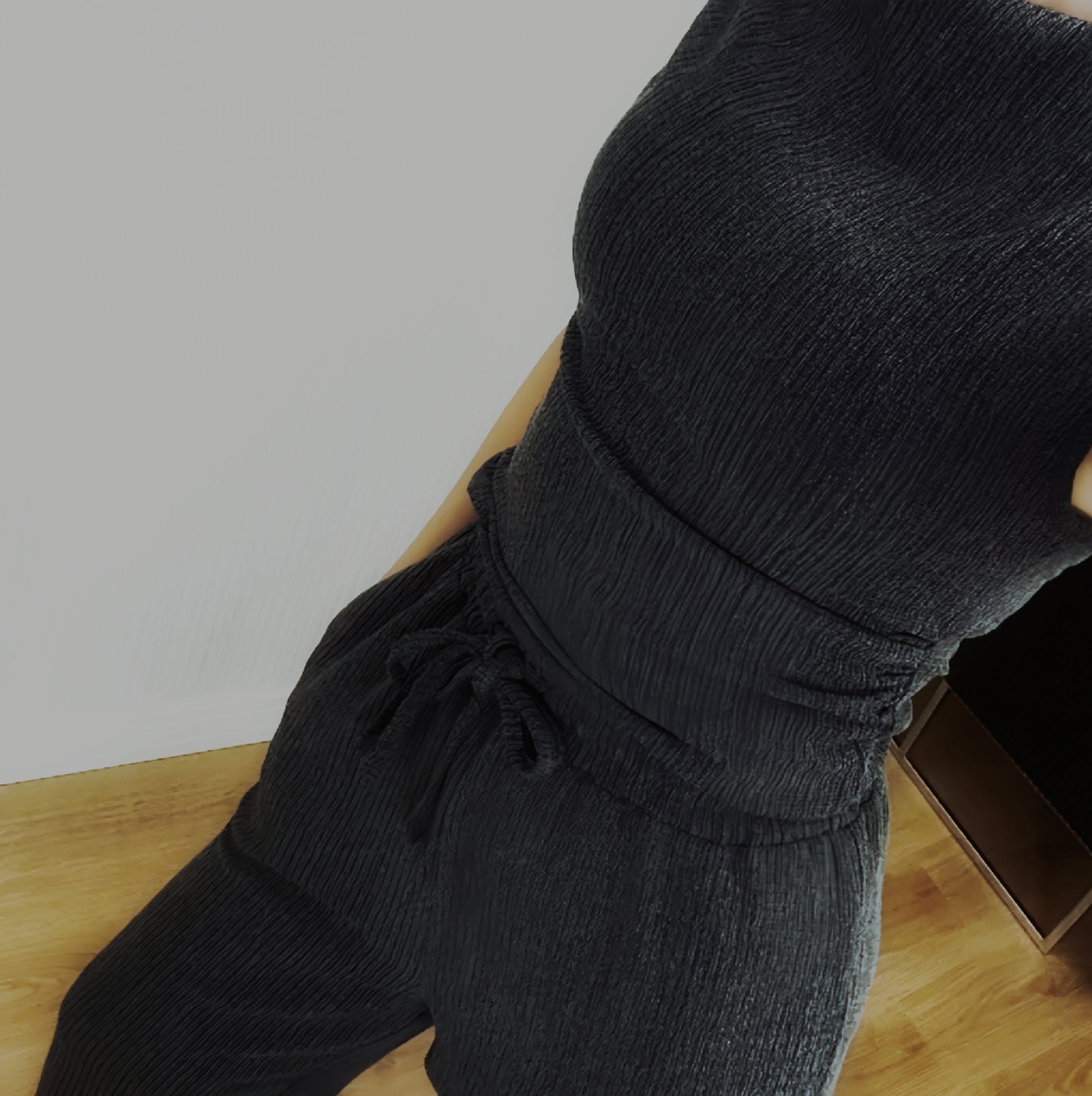 Black asymmetric blouse pants suit