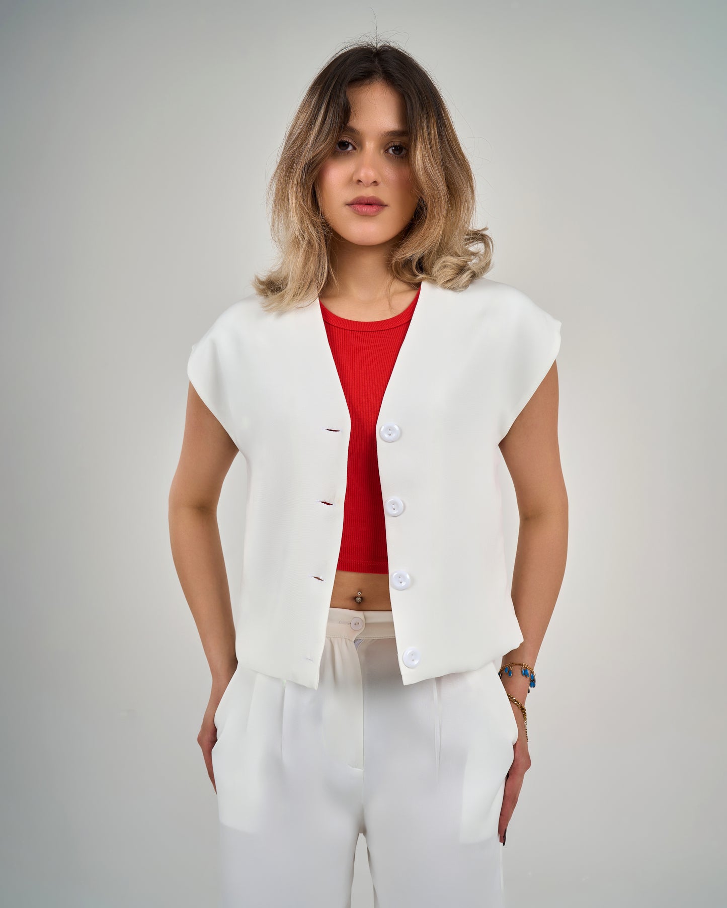Compact v neck vest in white
