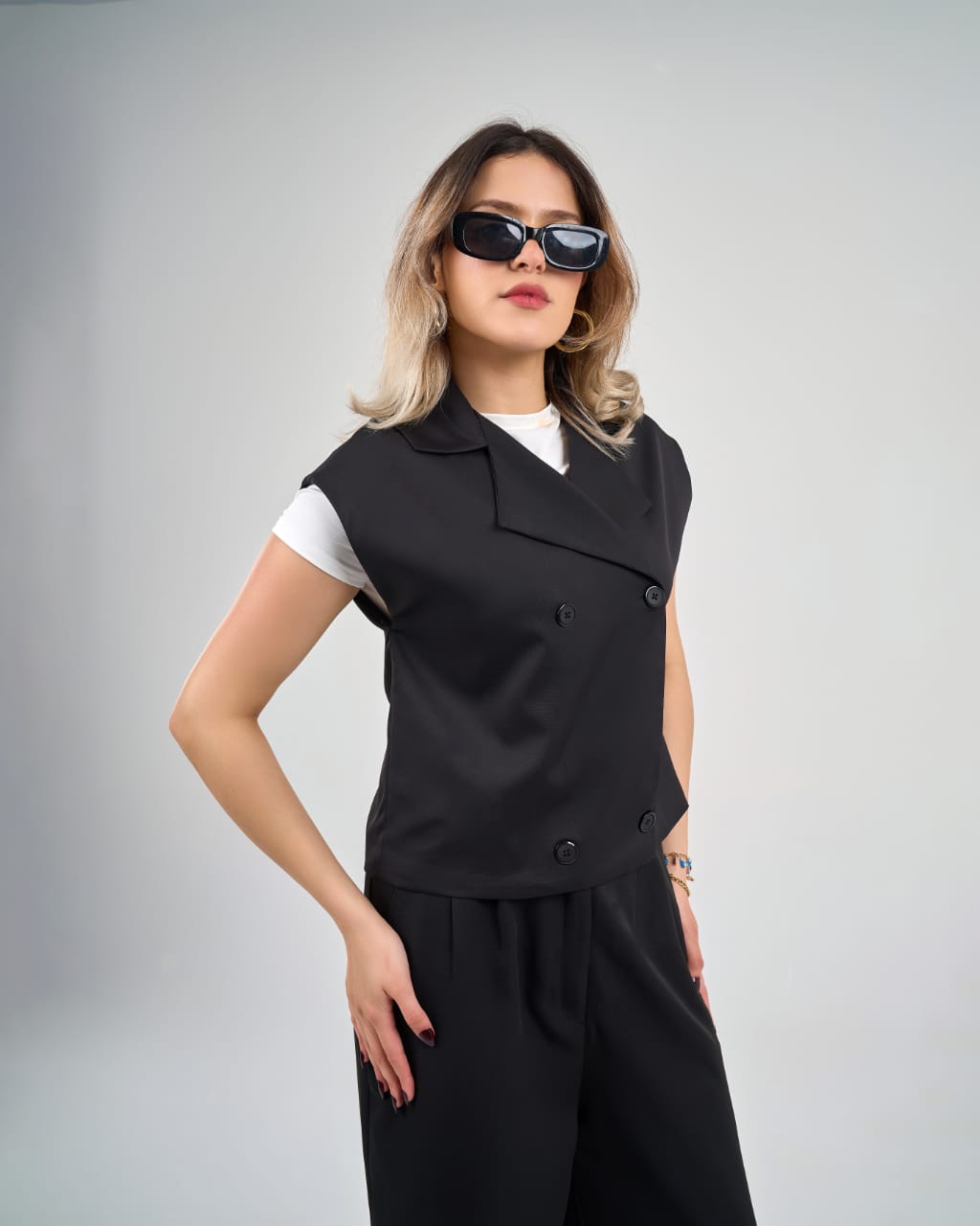 Wide Leg Trousers Vest Set Black