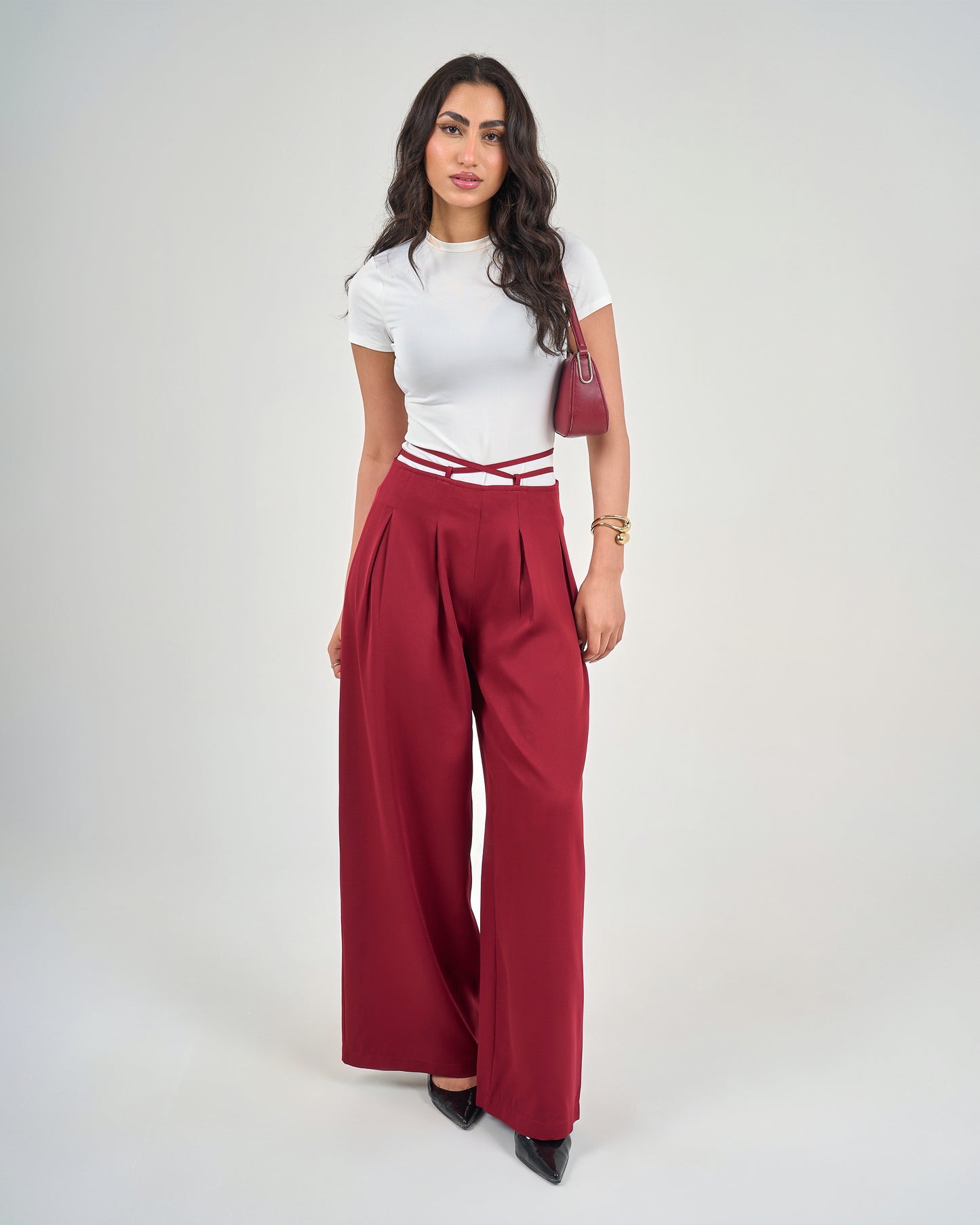 Burgundy Belt & Pleats Pants
