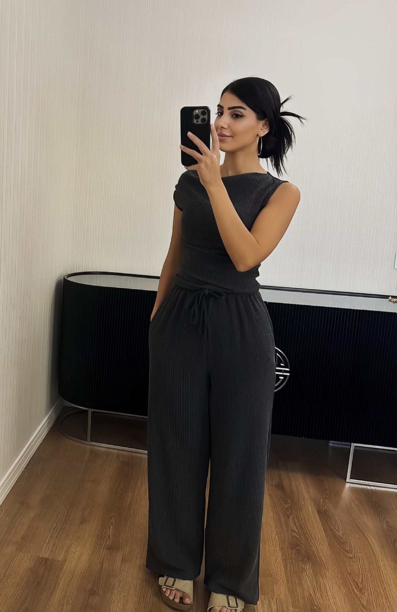 Black asymmetric blouse pants suit