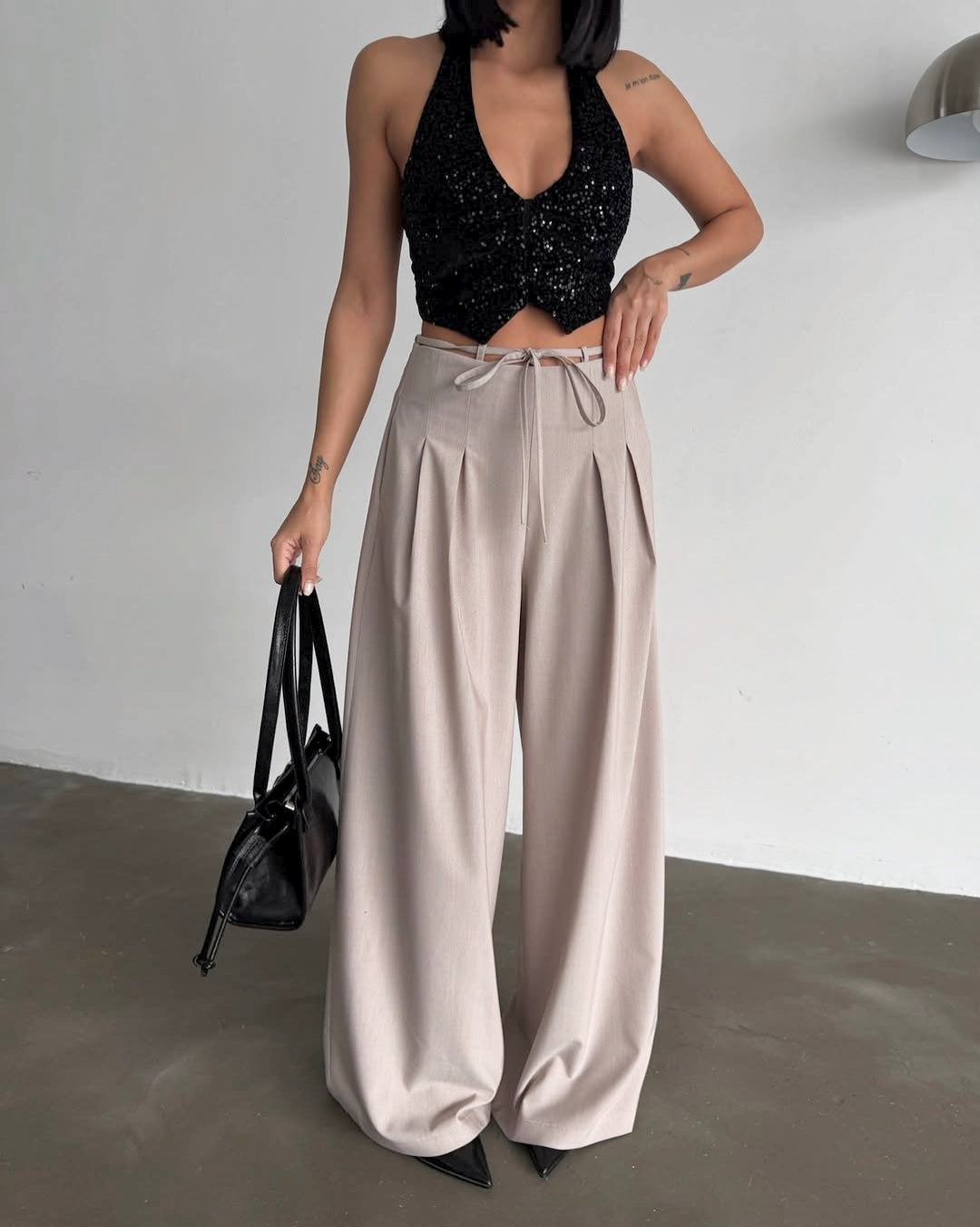 Beige Belt & Pleats Pants