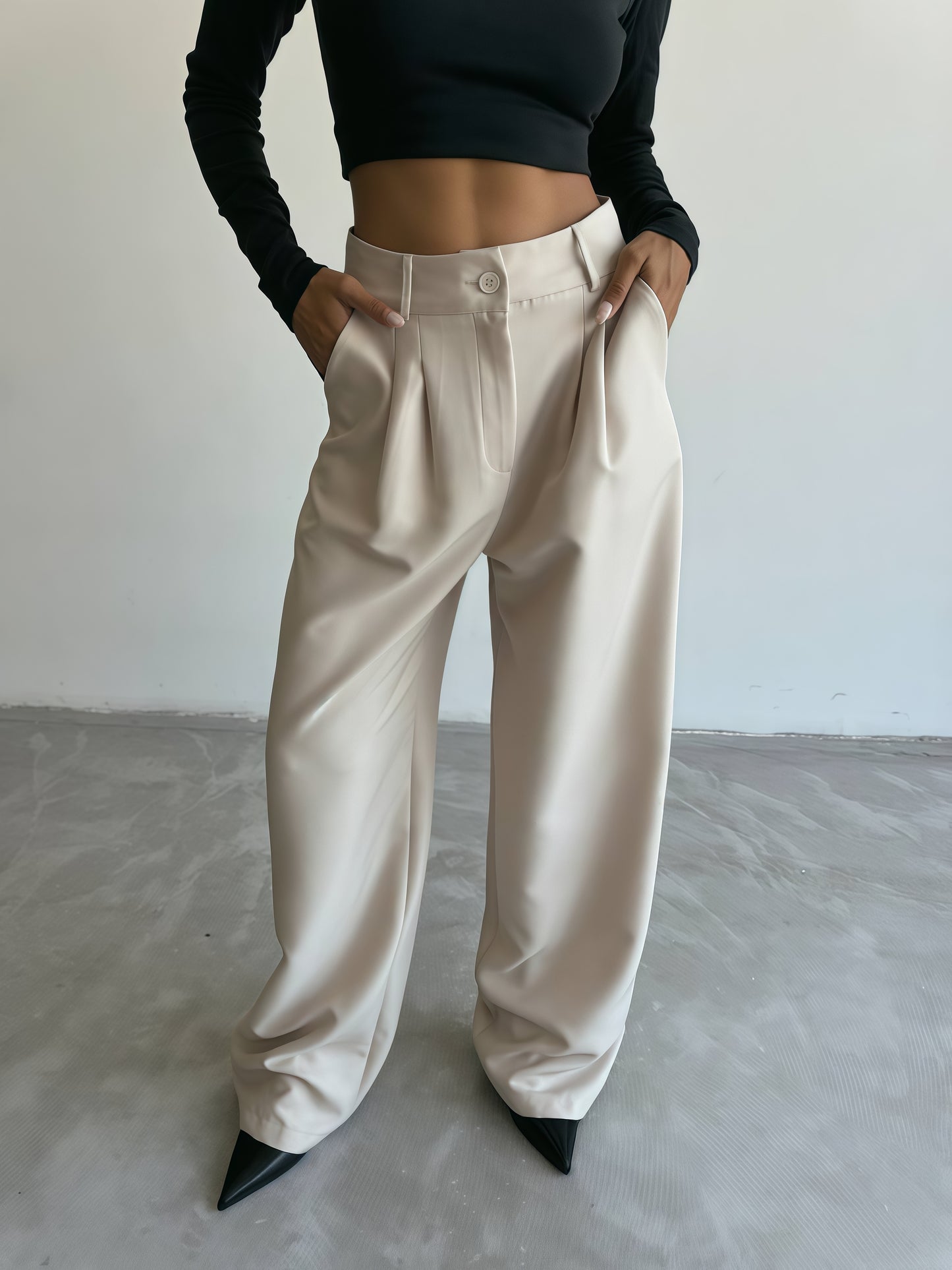 Beige-High Waisted Wide Leg Pants
