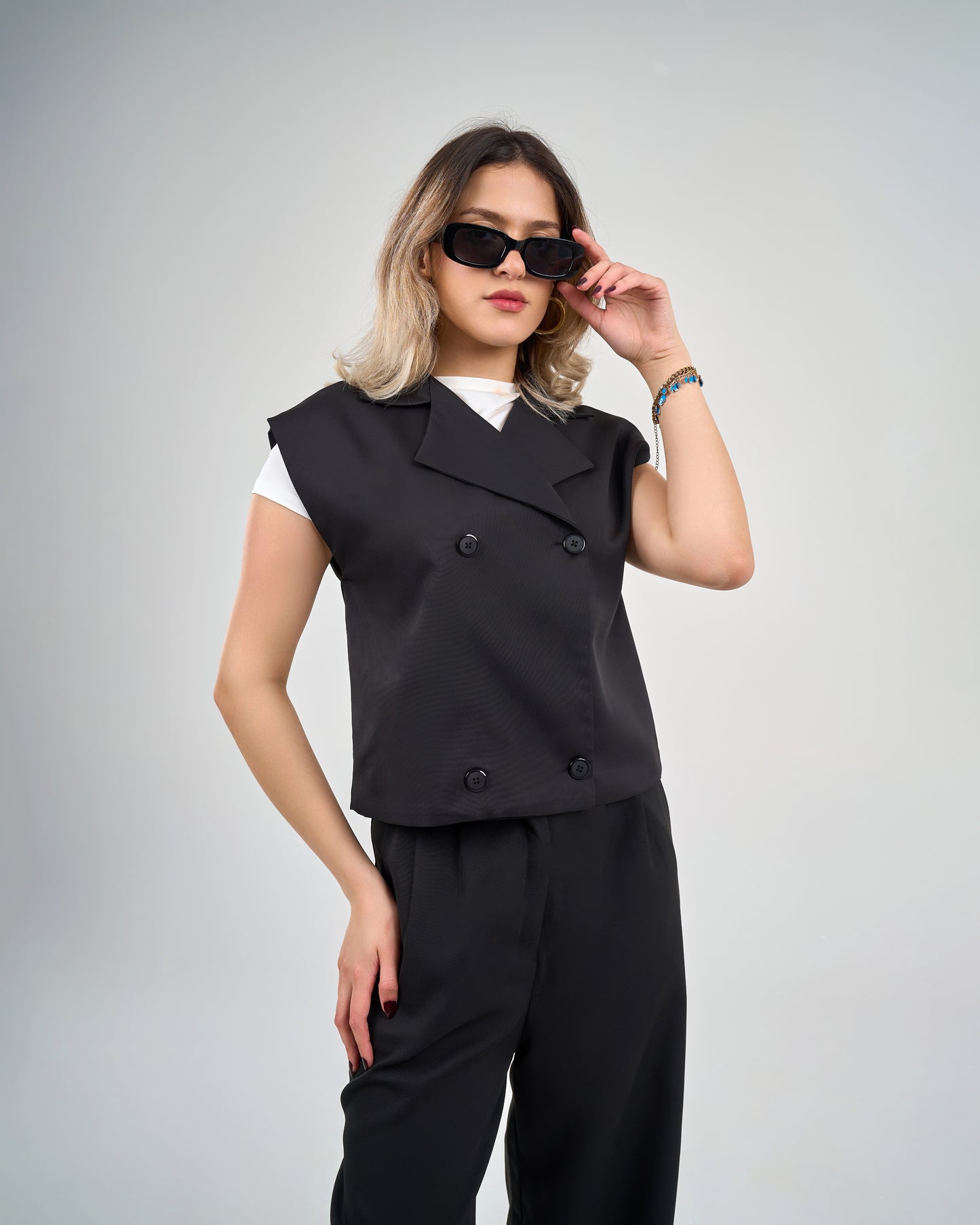 Wide Leg Trousers Vest Set Black