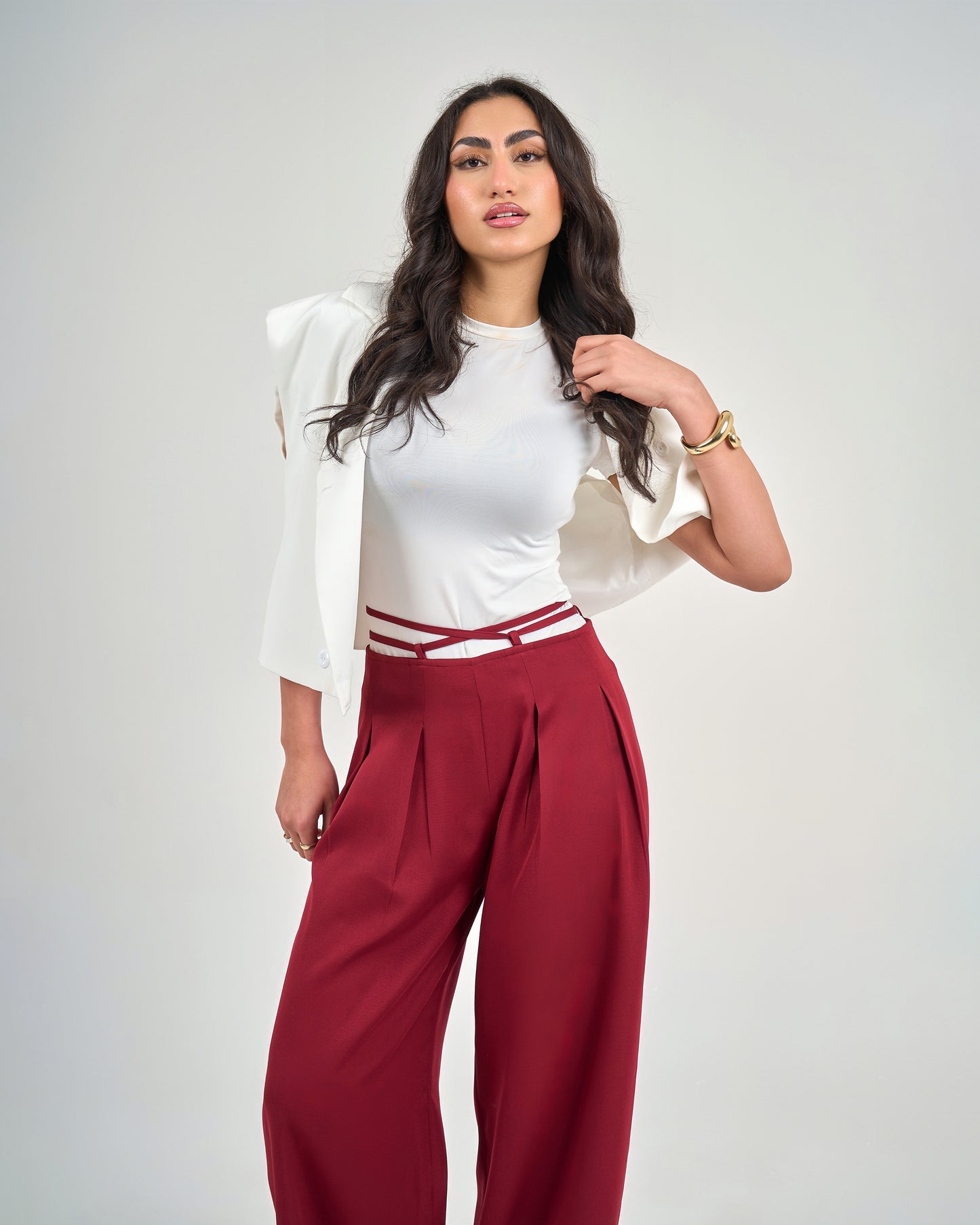 Burgundy Belt & Pleats Pants