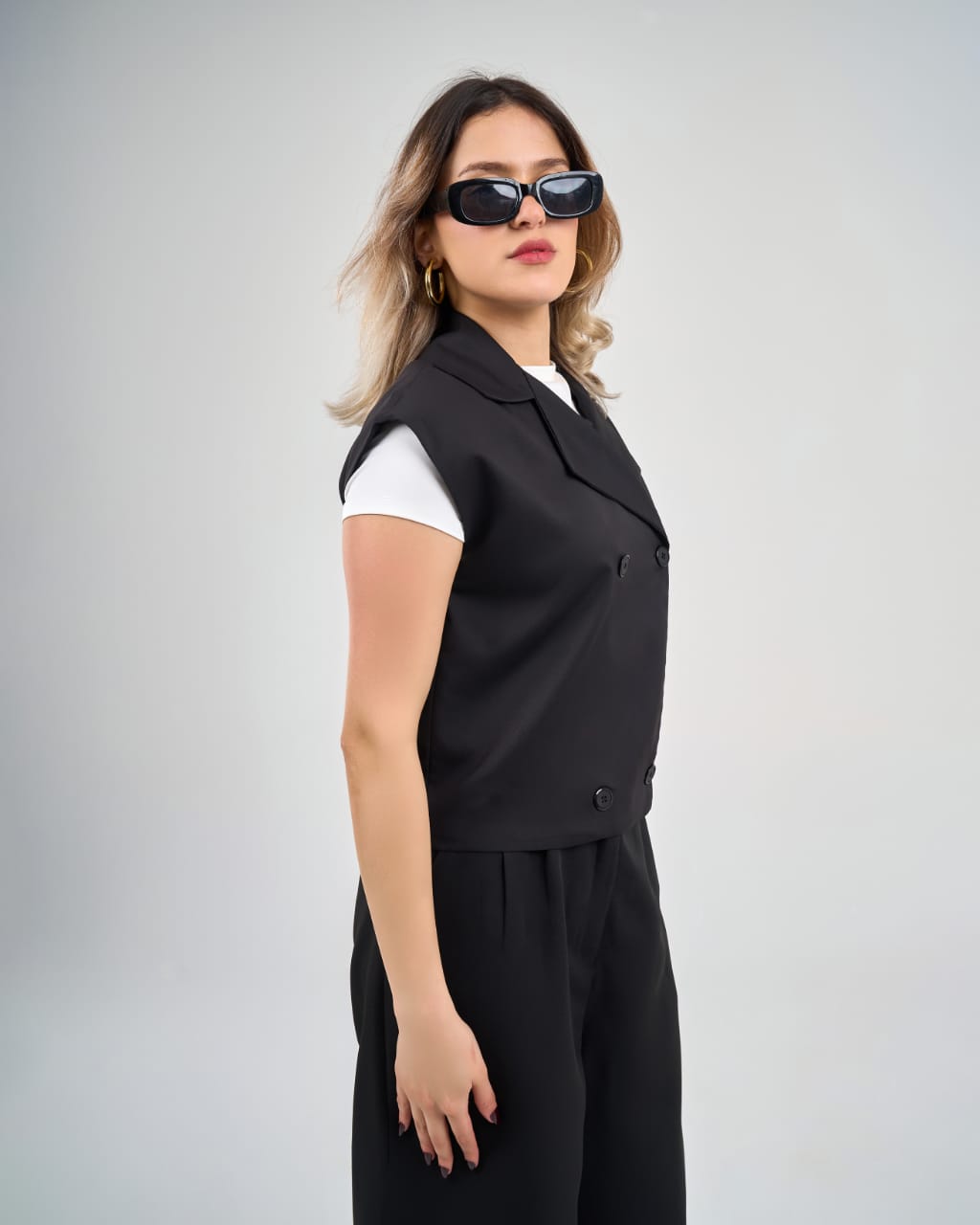 Wide Leg Trousers Vest Set Black