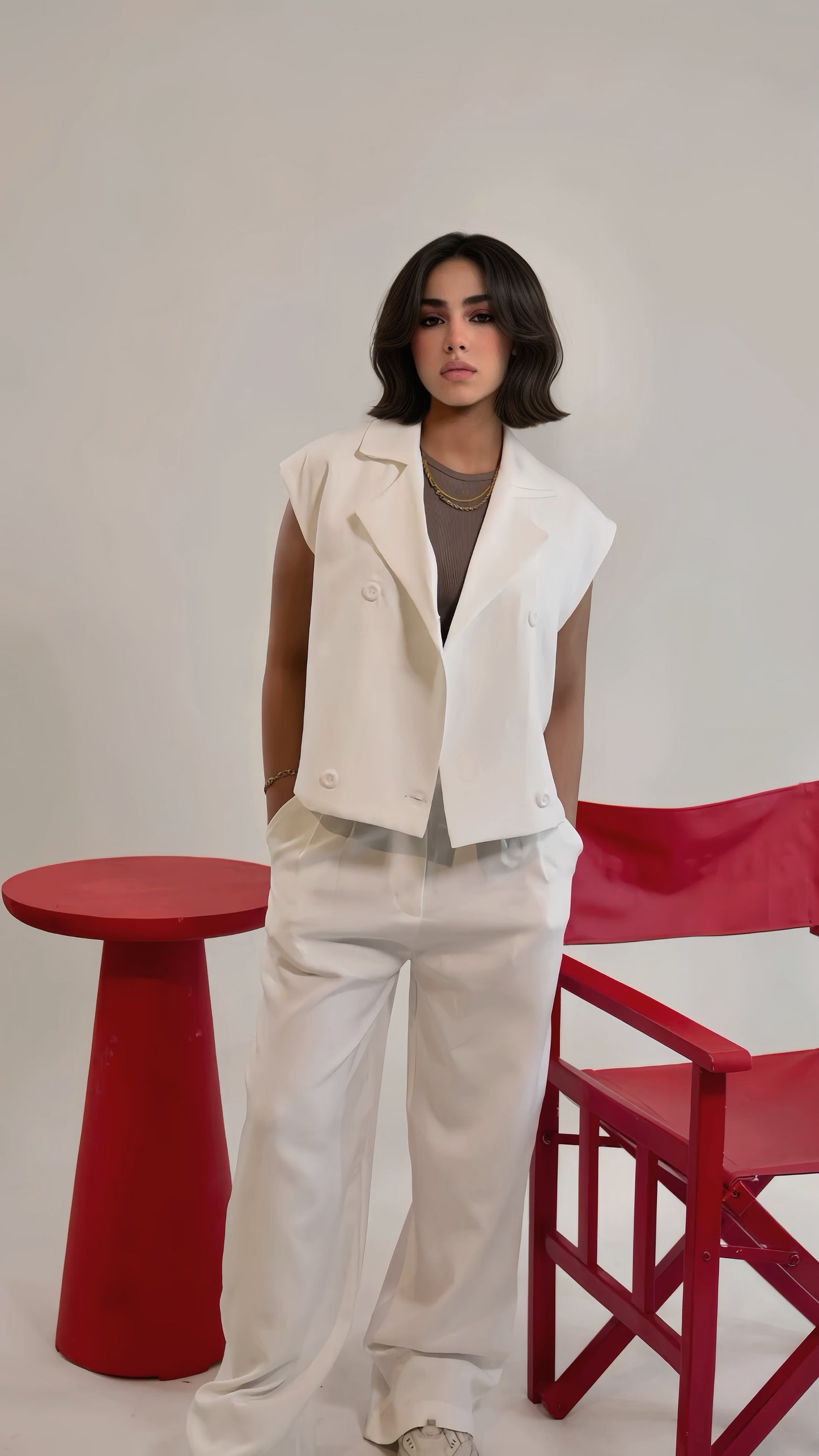 Wide Leg Trousers Vest Set White