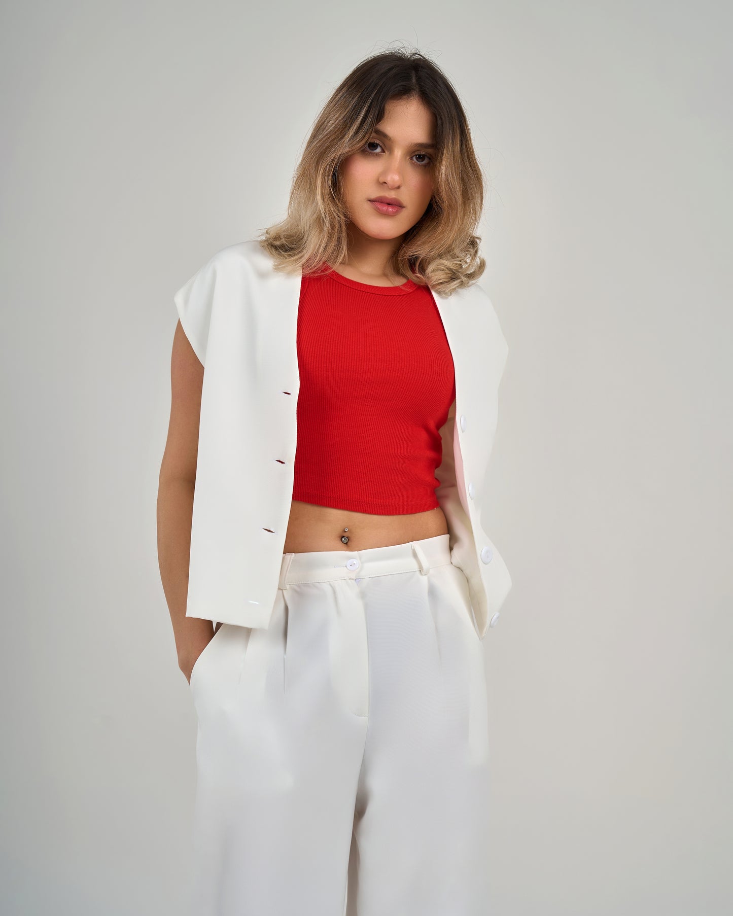 Compact v neck vest in white