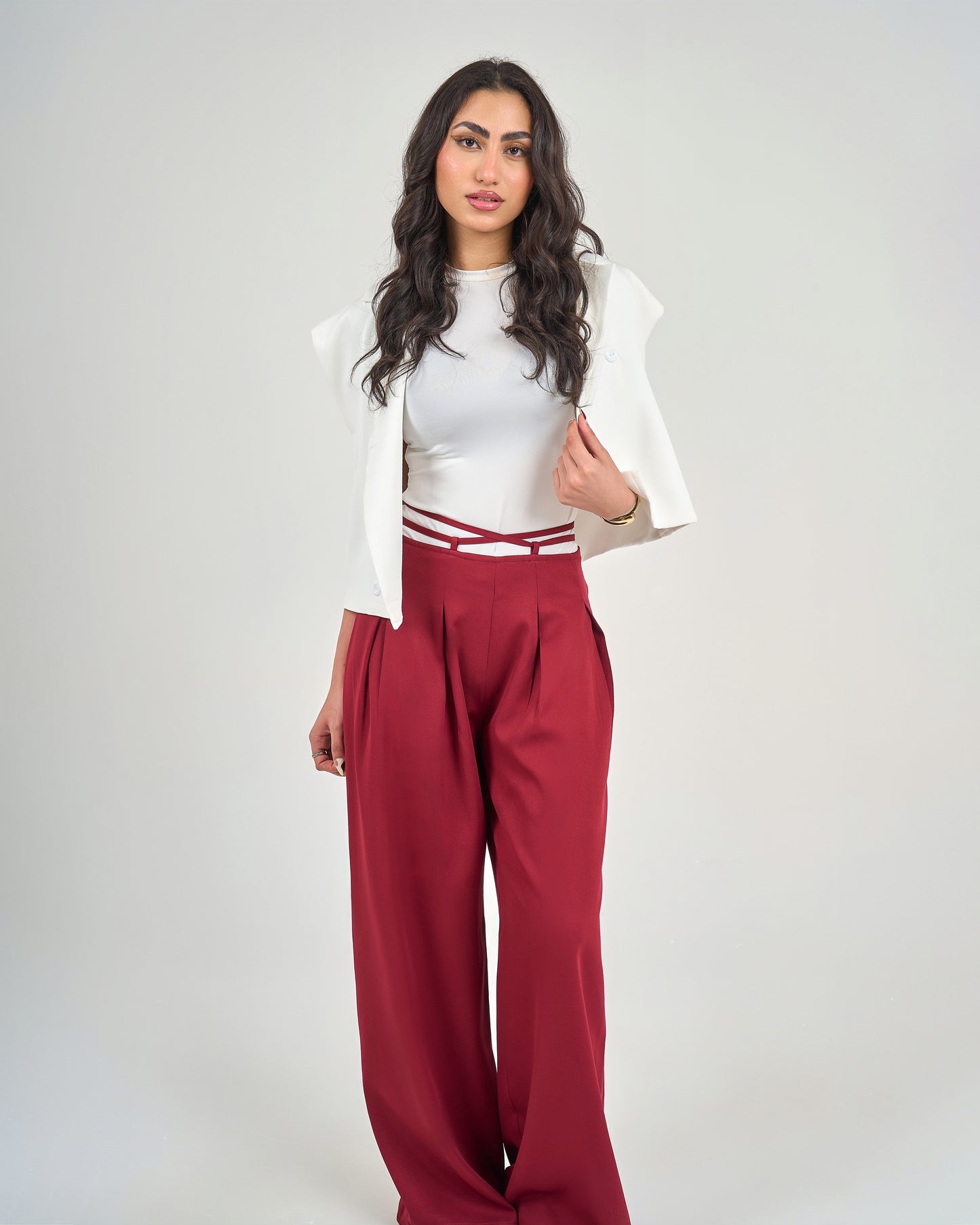 Burgundy Belt & Pleats Pants