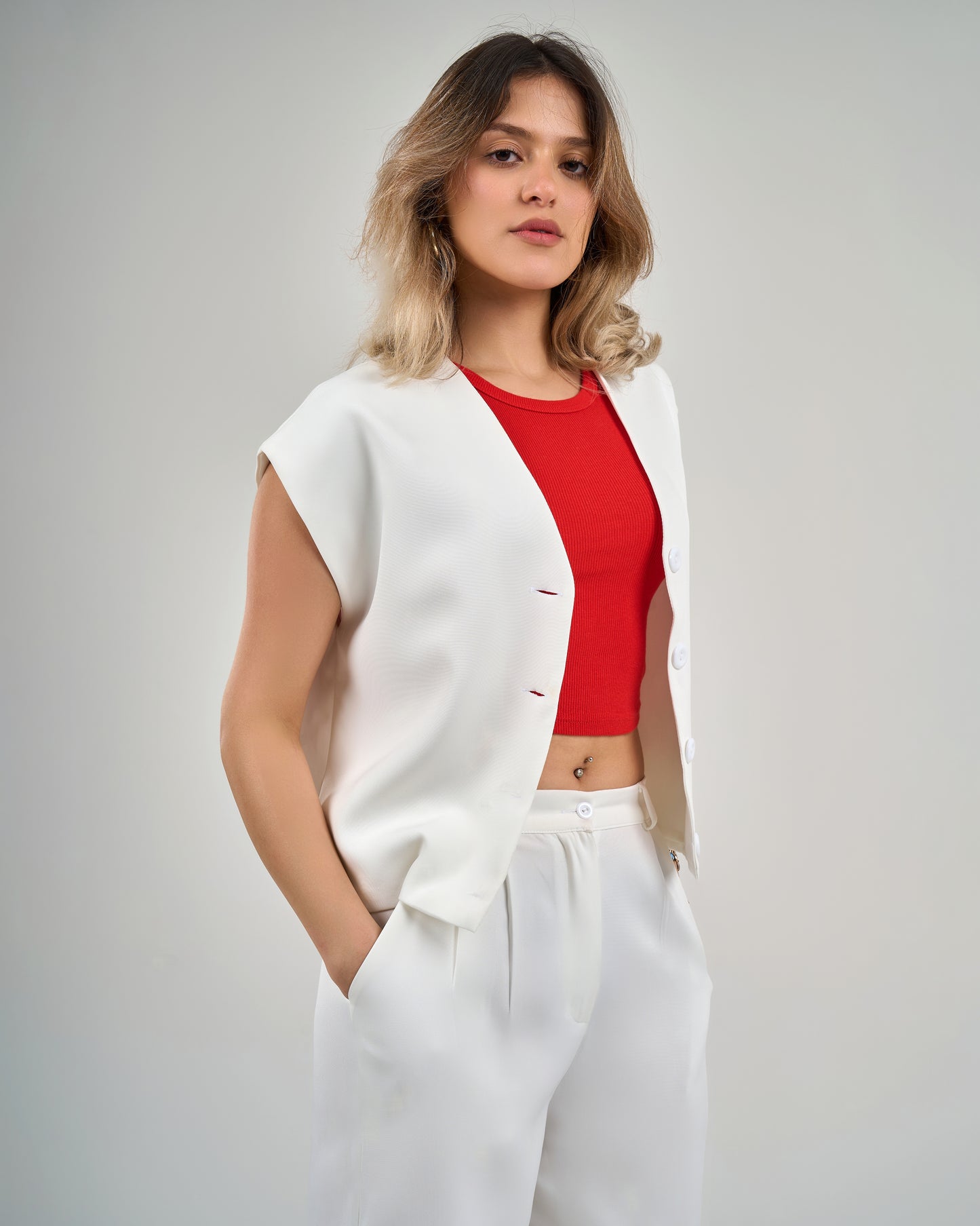 Compact v neck vest in white