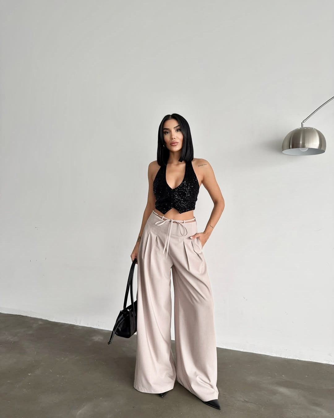 Beige Belt & Pleats Pants