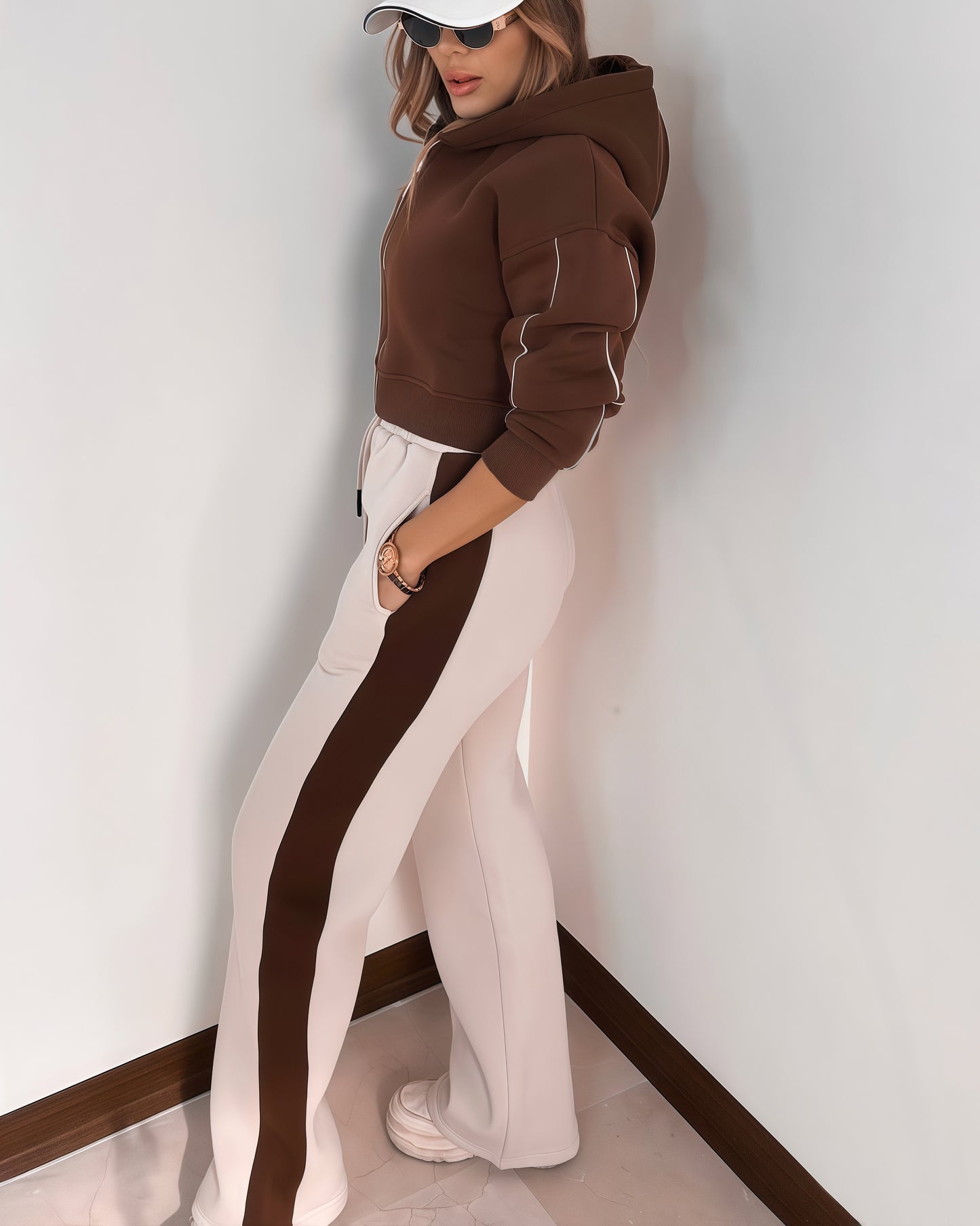 HOODED STRIPE DETAILED SUIT Brown