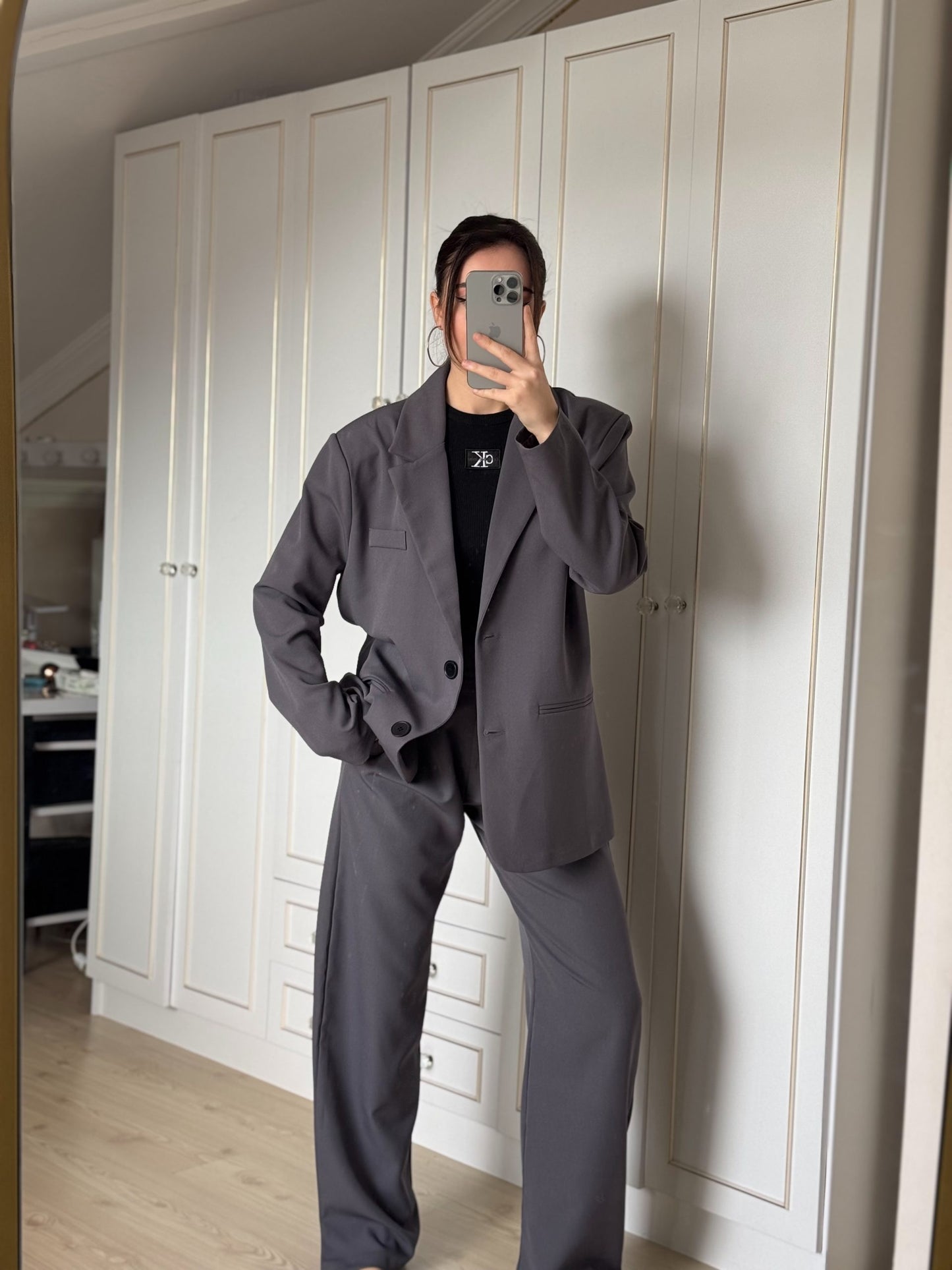 Grey Oversized Textured Basic Blazer