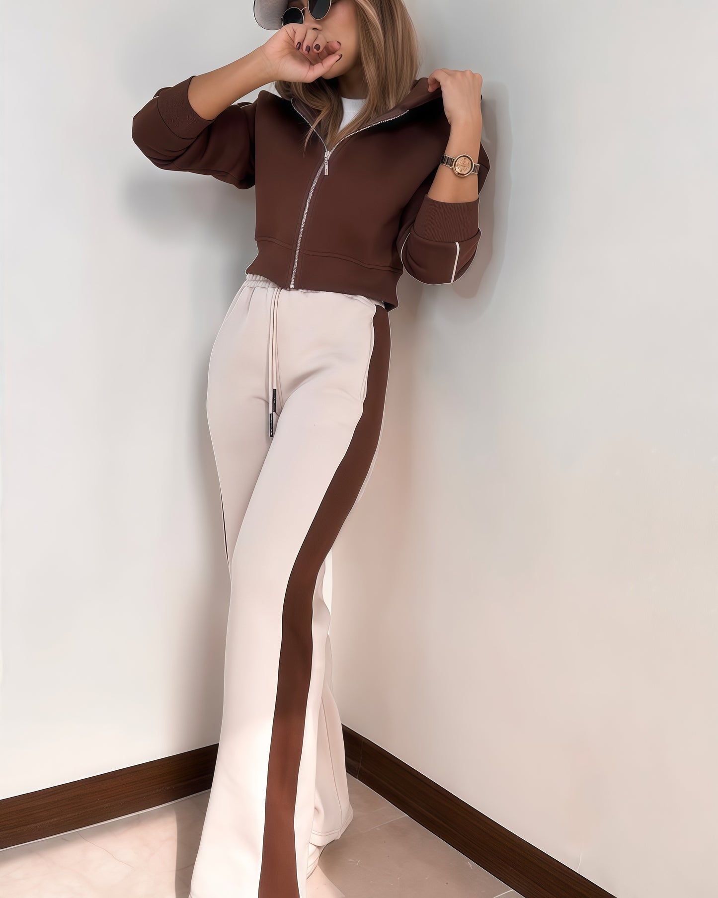 HOODED STRIPE DETAILED SUIT Brown