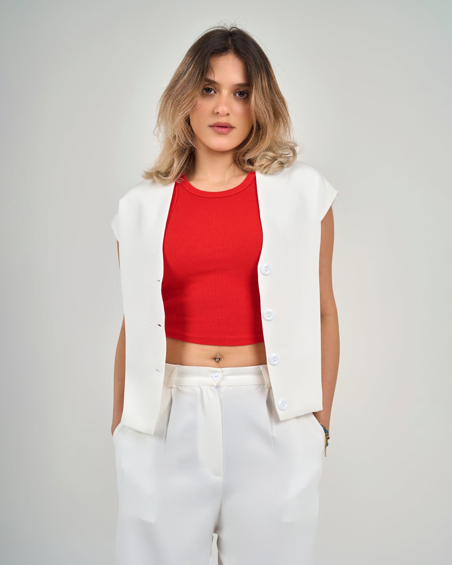 Compact v neck vest in white