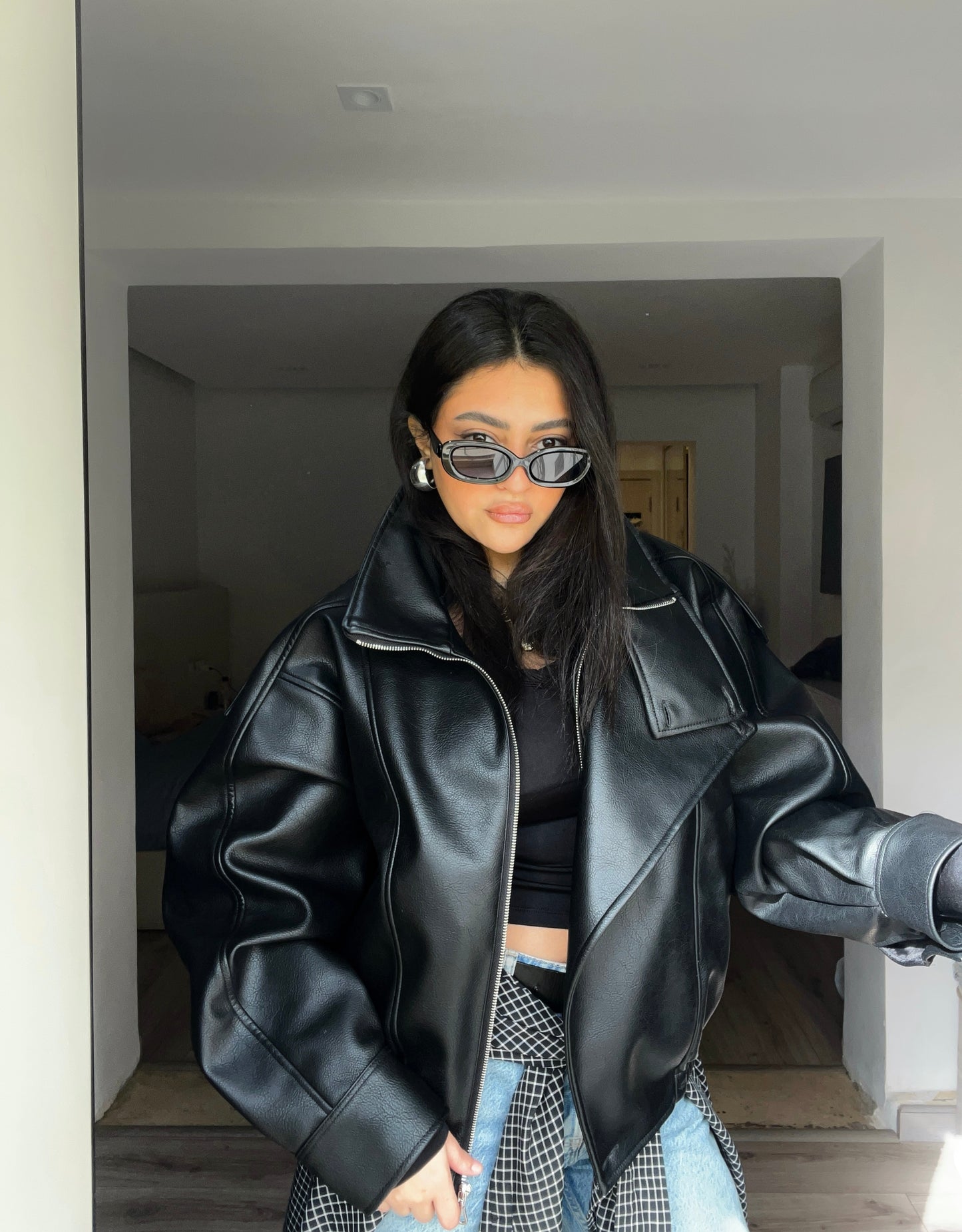 Black High Collar Faux Leather Jacket