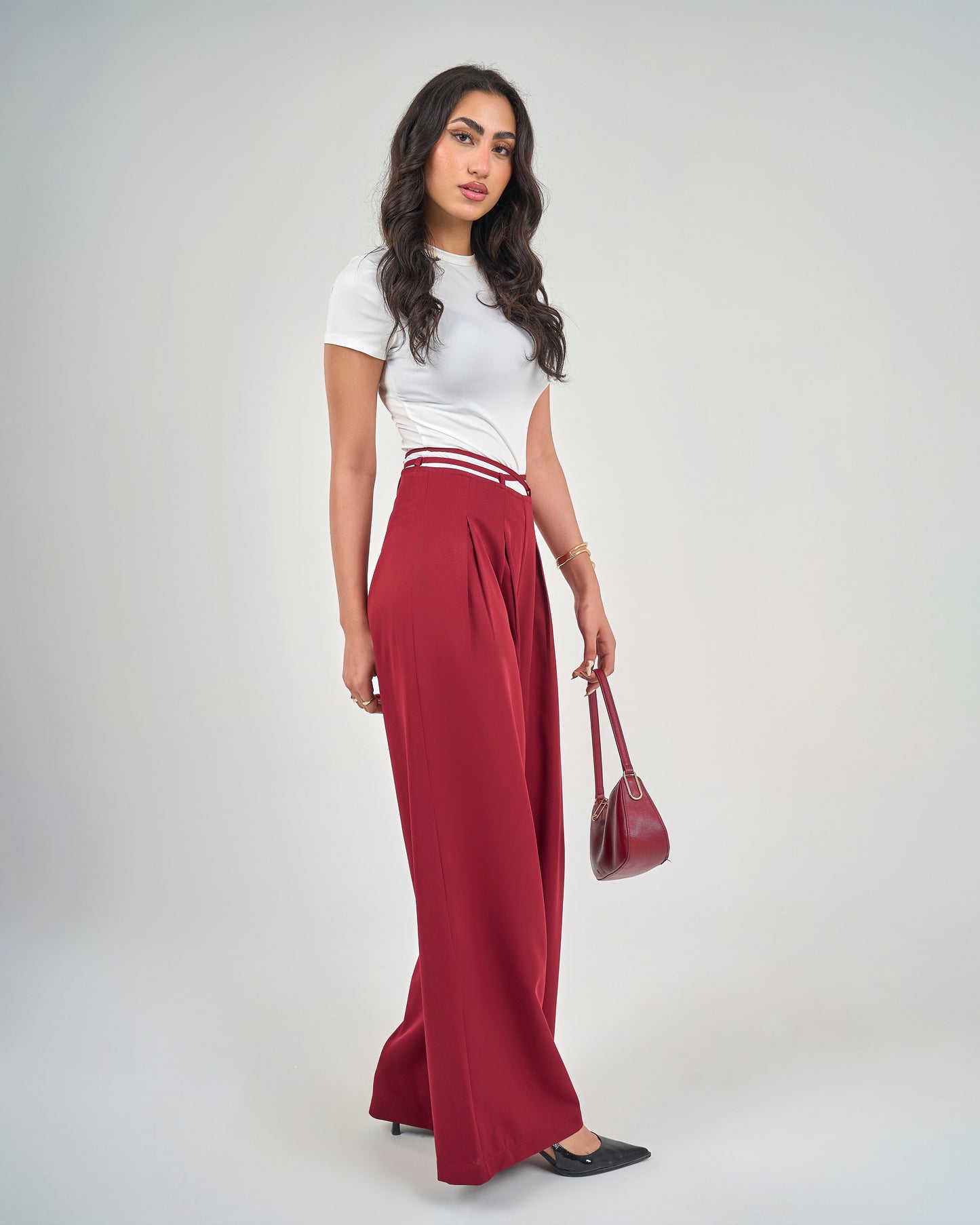 Burgundy Belt & Pleats Pants