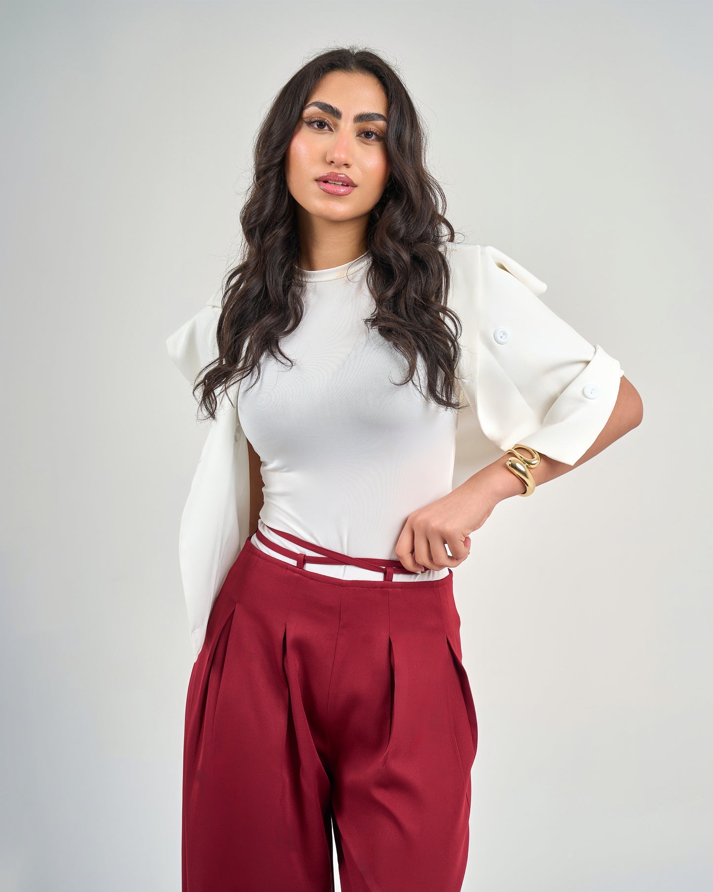 Burgundy Belt & Pleats Pants