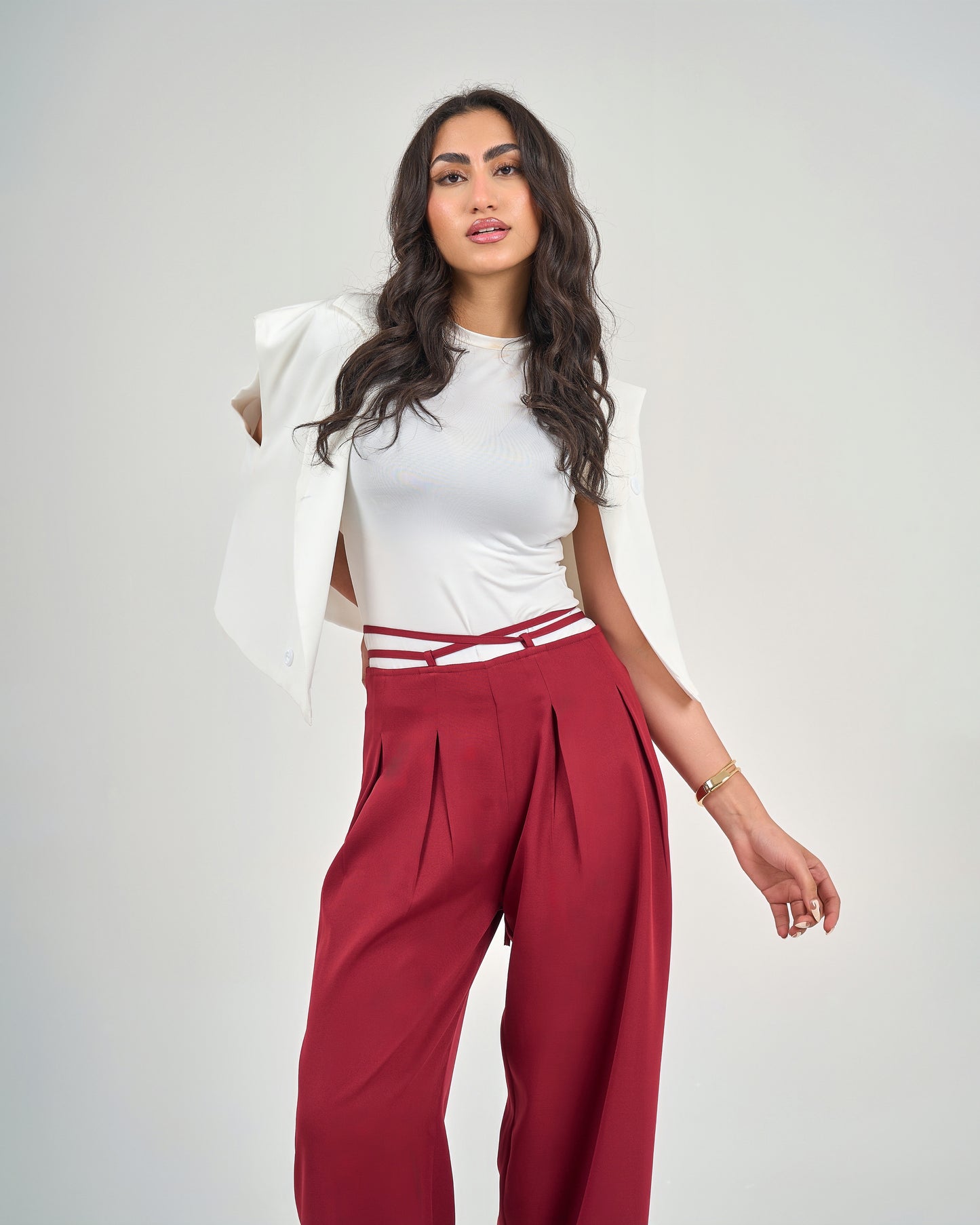 Burgundy Belt & Pleats Pants