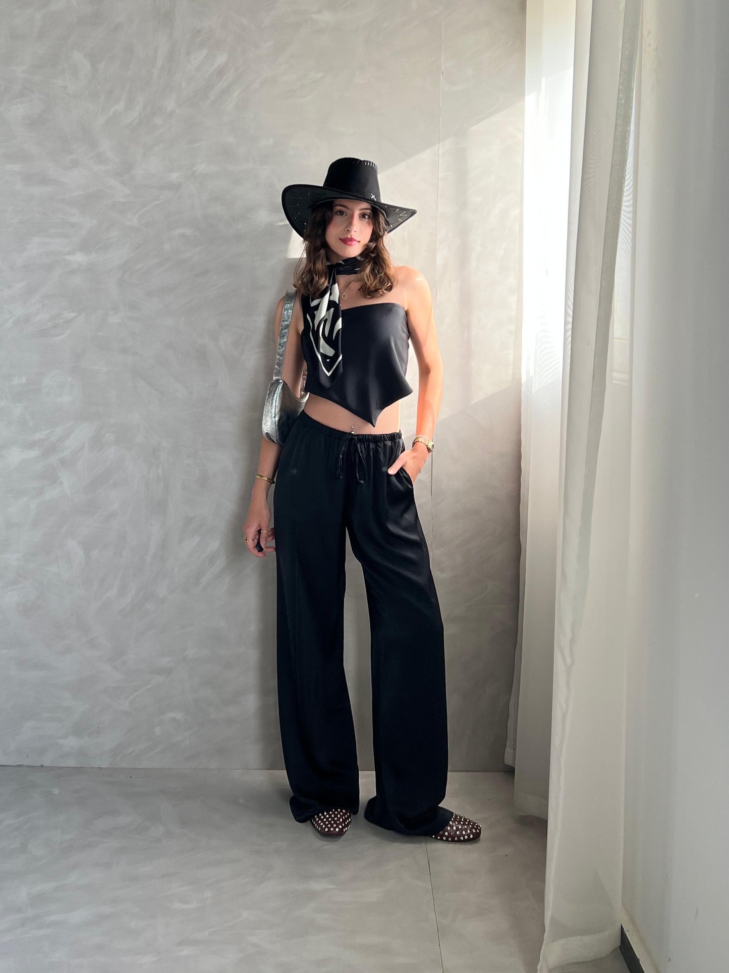 Black Allure Satin Scarf Top & Wide-Leg Pants Set