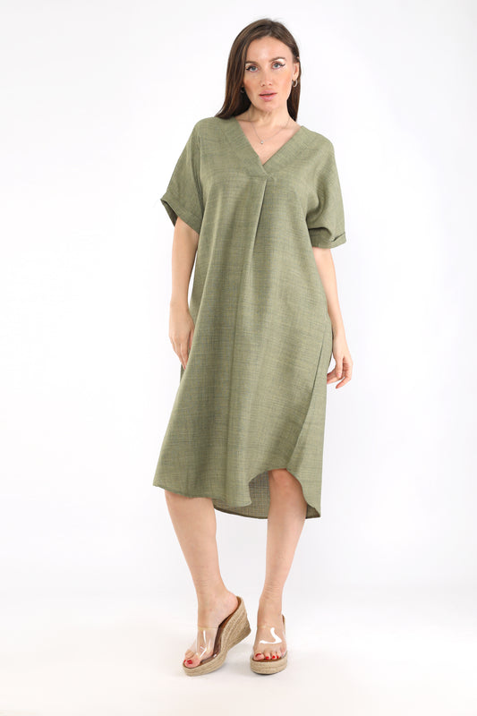 Olive Linen Midi Dress