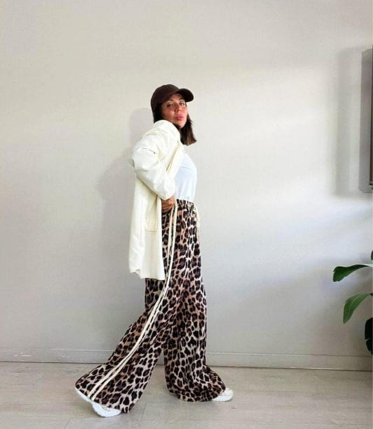 Leopard Straight Pants With White Stripes Down The Sides