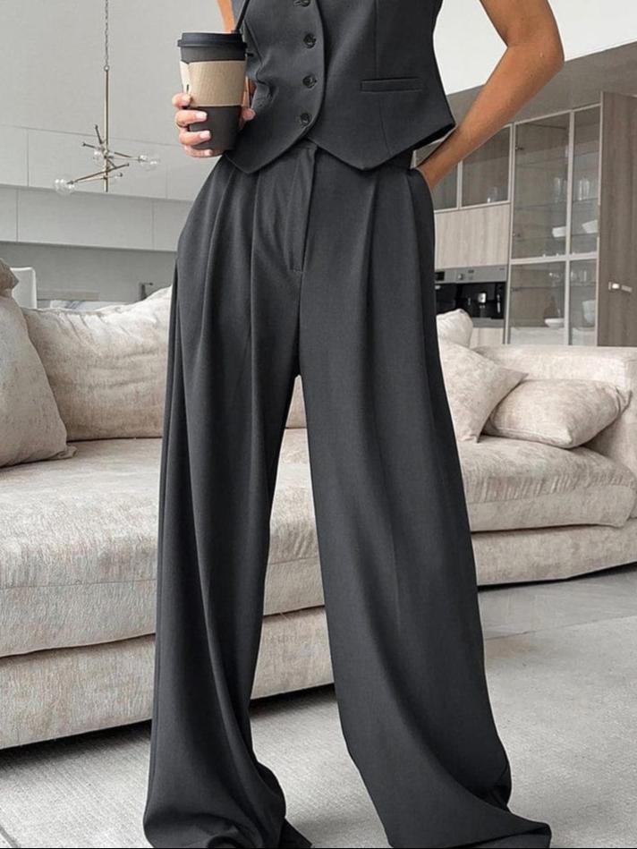 Grey-High Waisted Wide Leg Pants