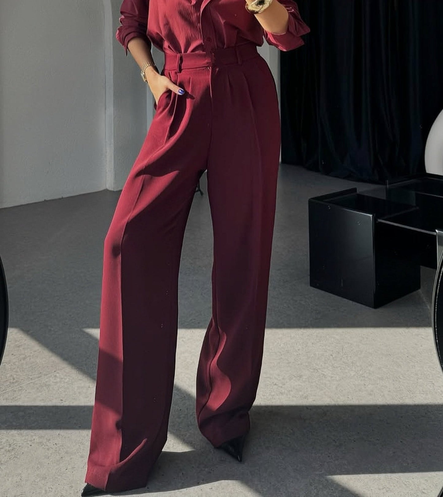 Burgandy-High Waisted Wide Leg Pants