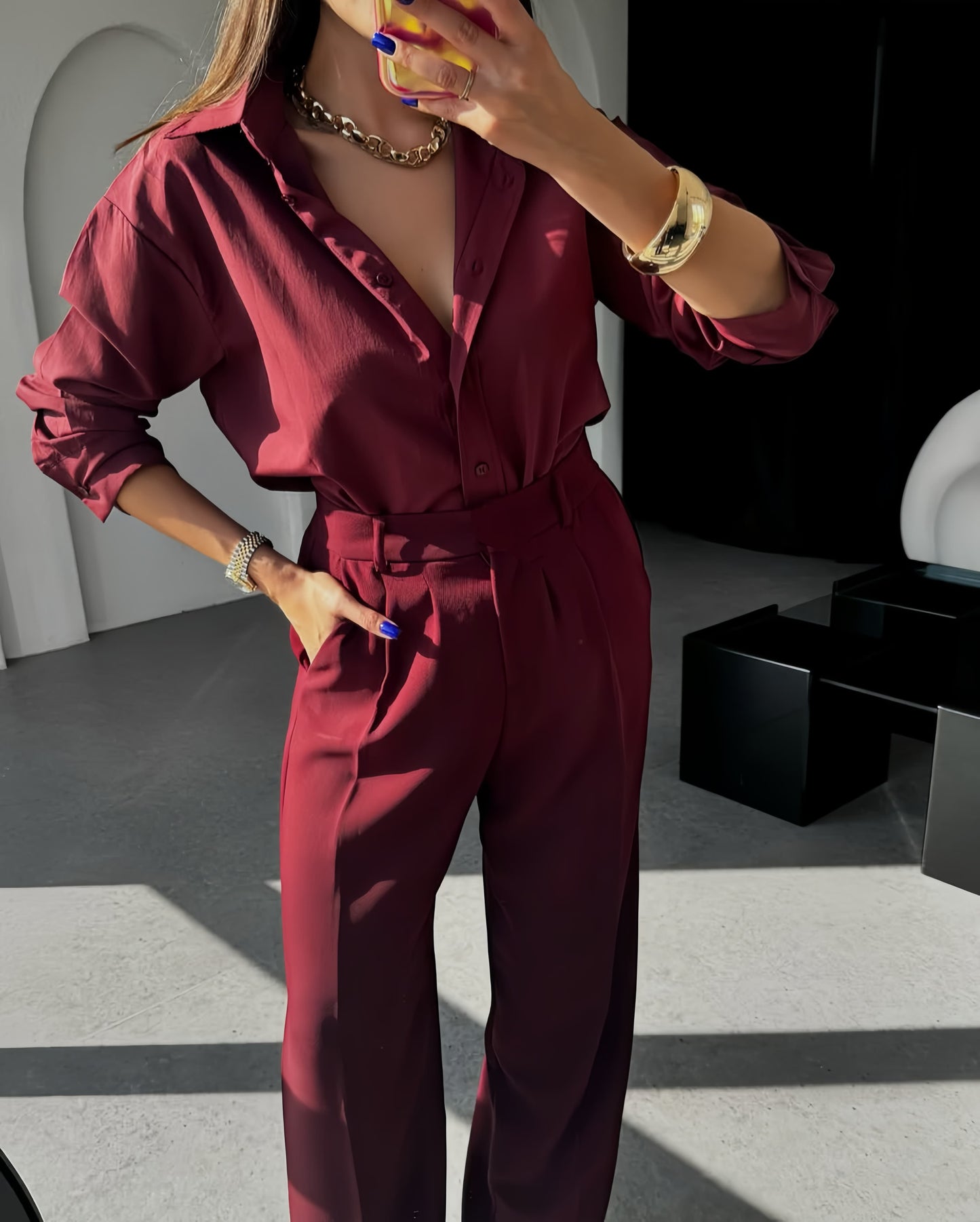 Burgandy-High Waisted Wide Leg Pants