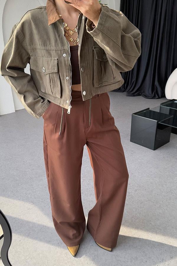 Brown-High Waisted Wide Leg Pants