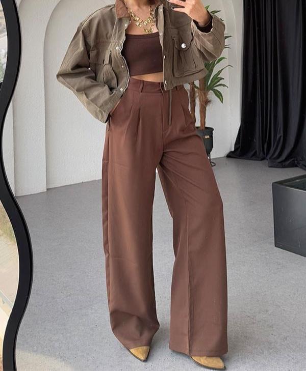 Brown-High Waisted Wide Leg Pants