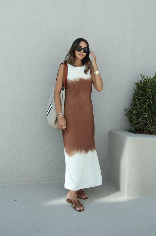 Coffee Batik Patterned Slit Dress