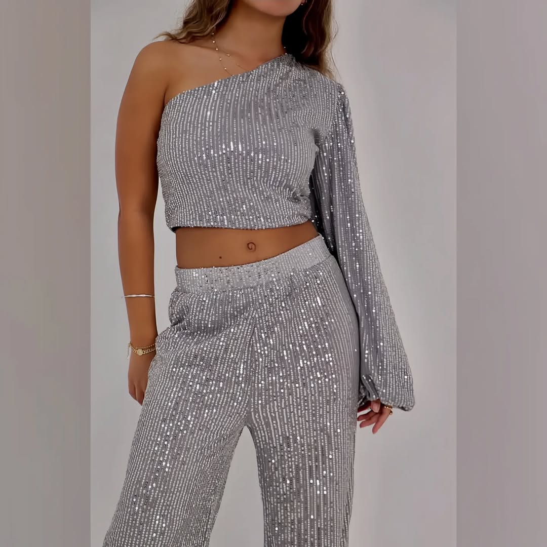Sequined One-Shoulder Crop Top