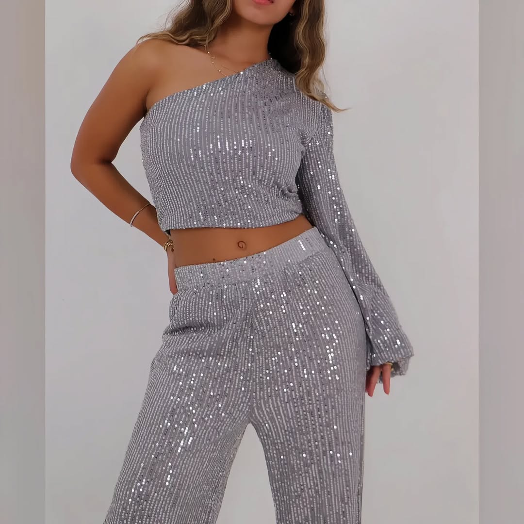 Sequined One-Shoulder Crop Top